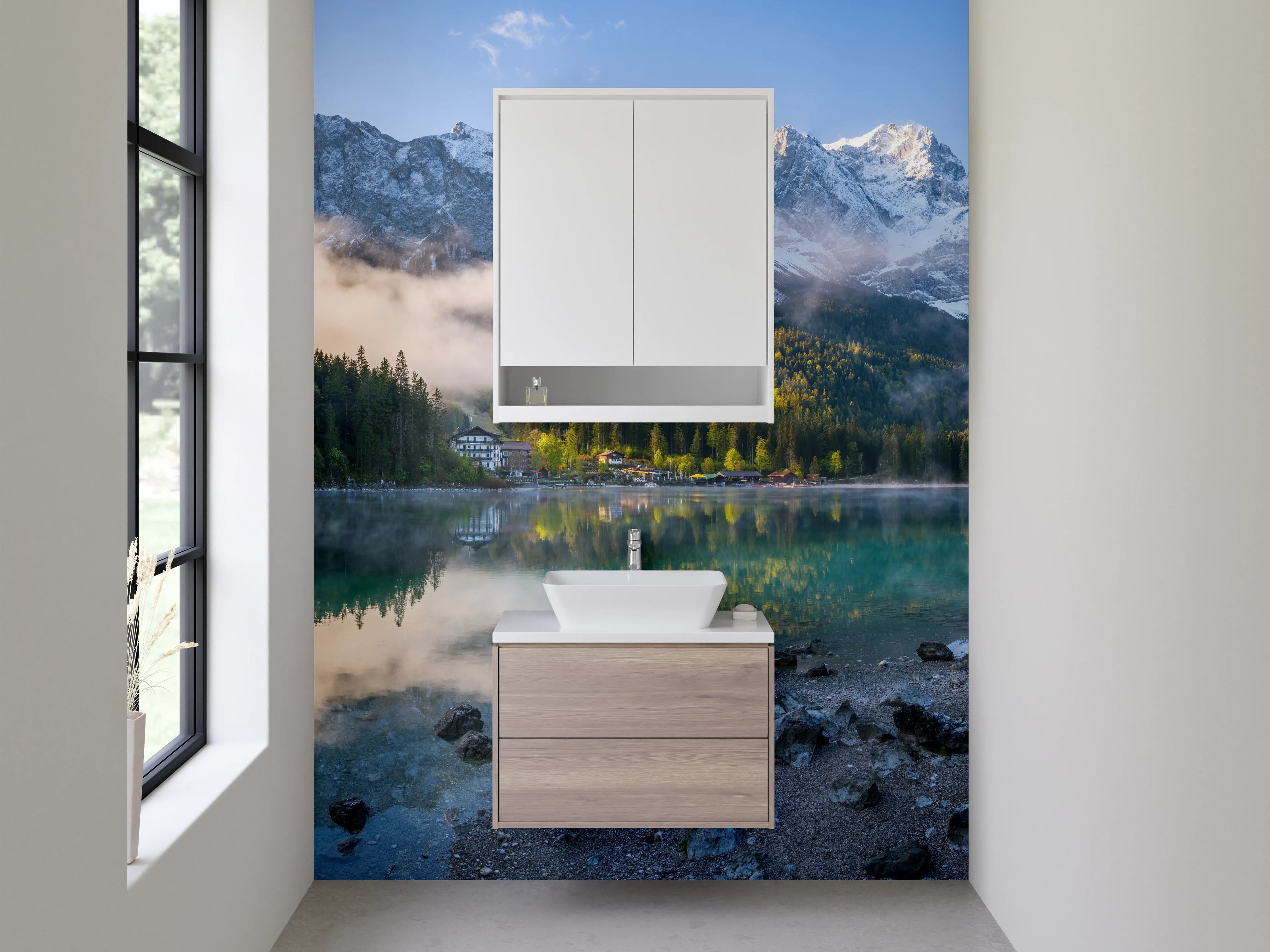 Waschbecken-Rückwand - Bergsee mit Schnee bedeckten Gipfeln und spiegelndem Wasser