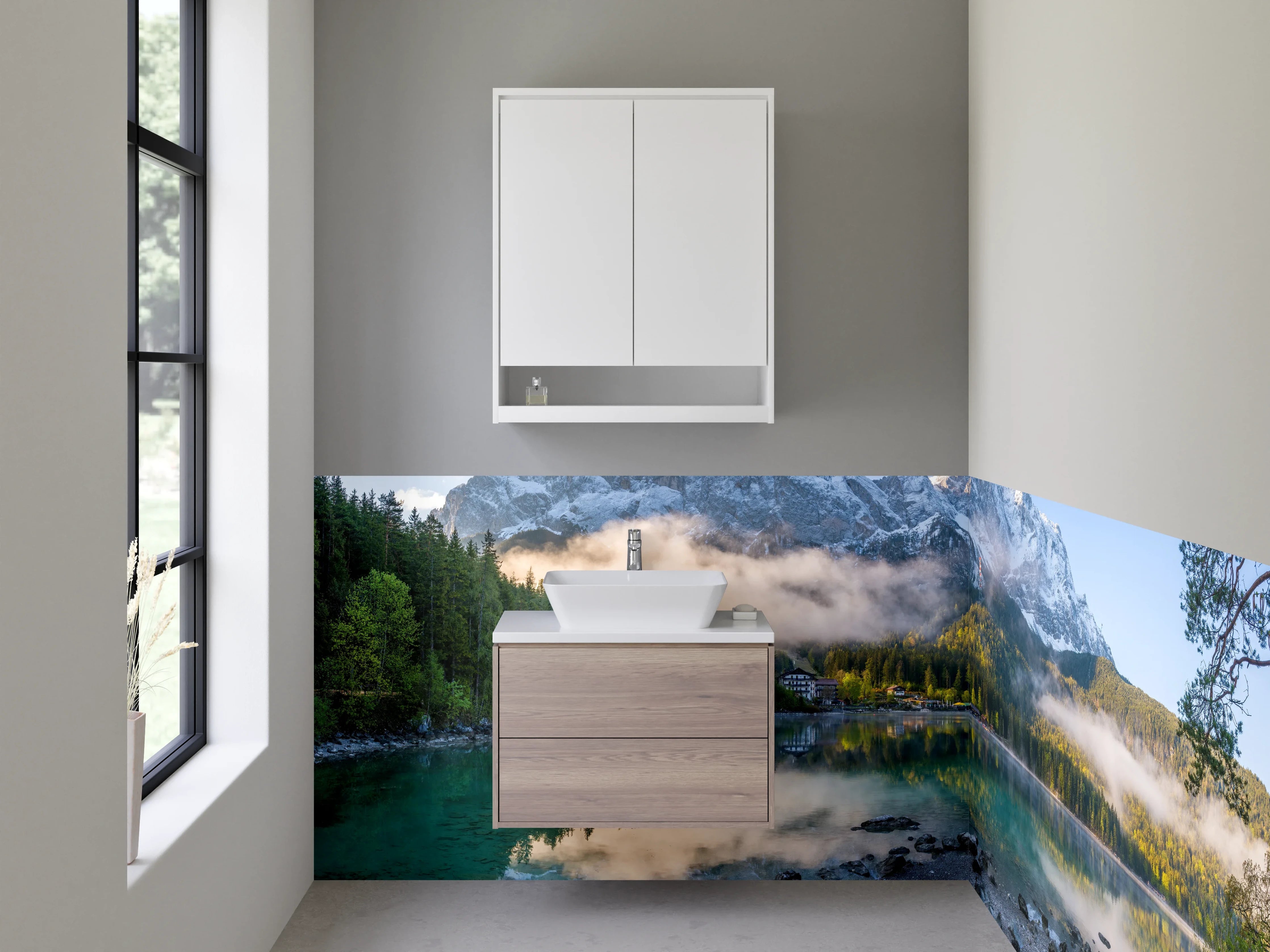 Waschbecken-Rückwand - Bergsee mit Schnee bedeckten Gipfeln und spiegelndem Wasser