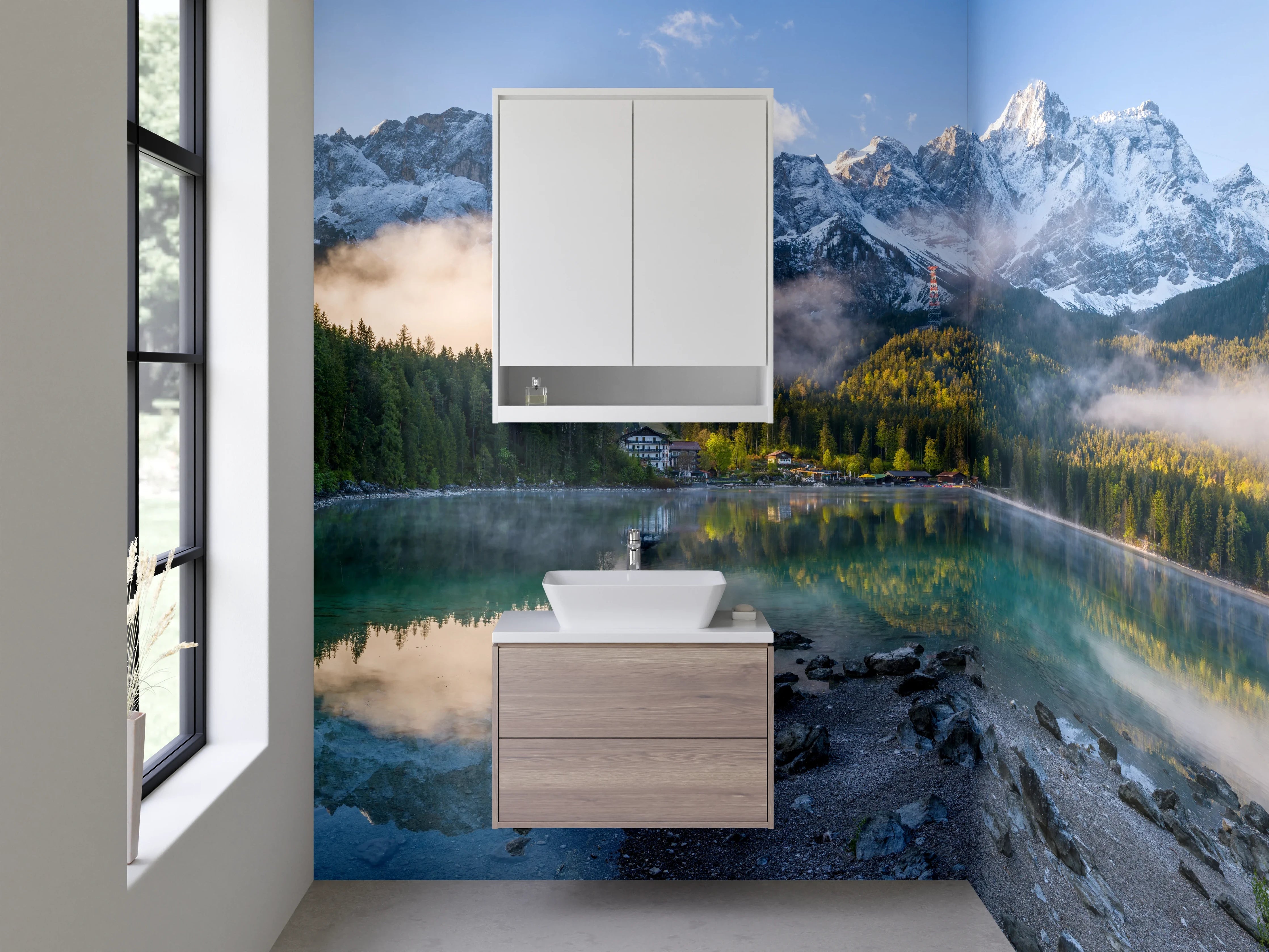 Waschbecken-Rückwand - Bergsee mit Schnee bedeckten Gipfeln und spiegelndem Wasser