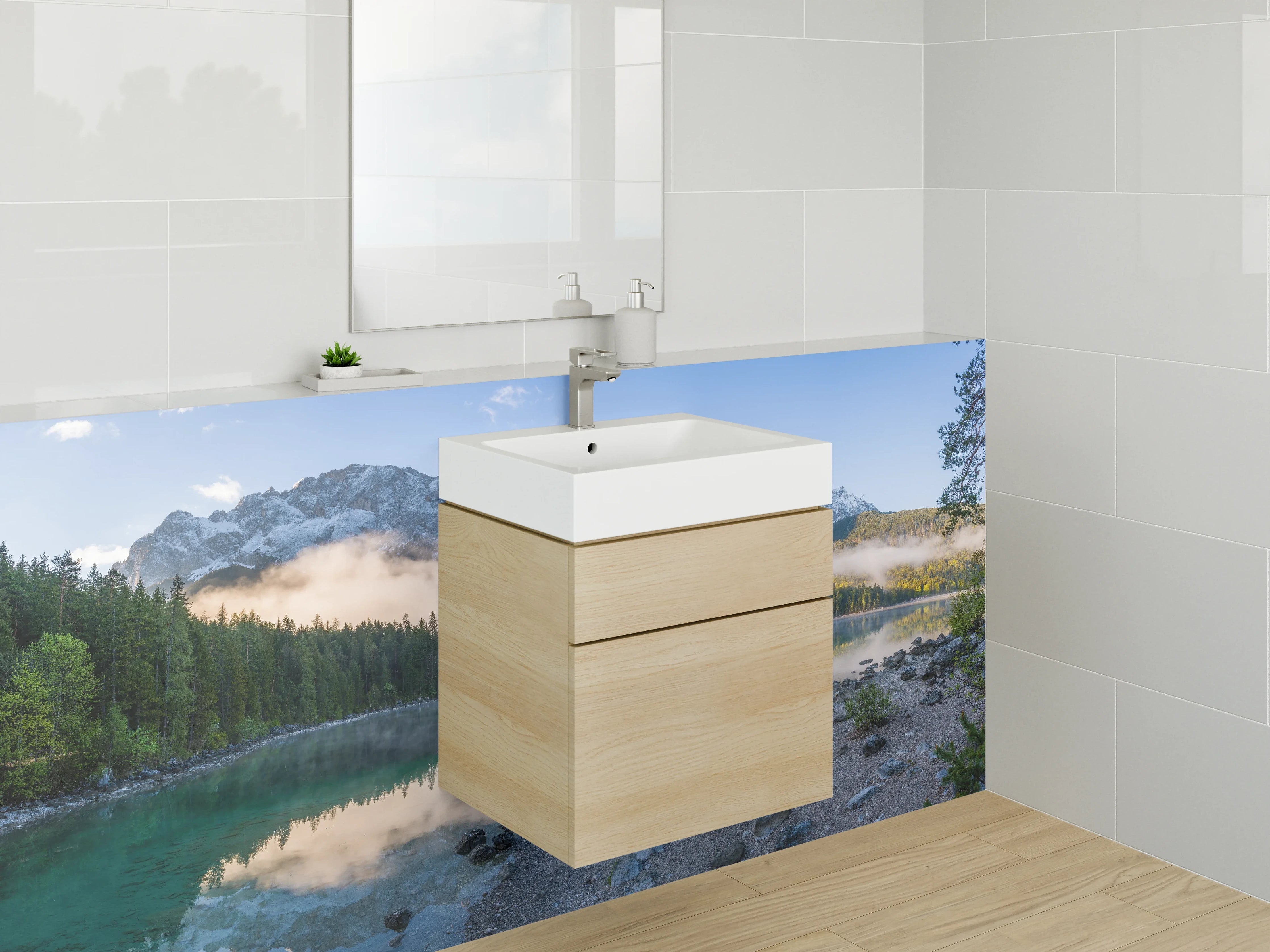 Waschbecken-Rückwand - Bergsee mit Schnee bedeckten Gipfeln und spiegelndem Wasser