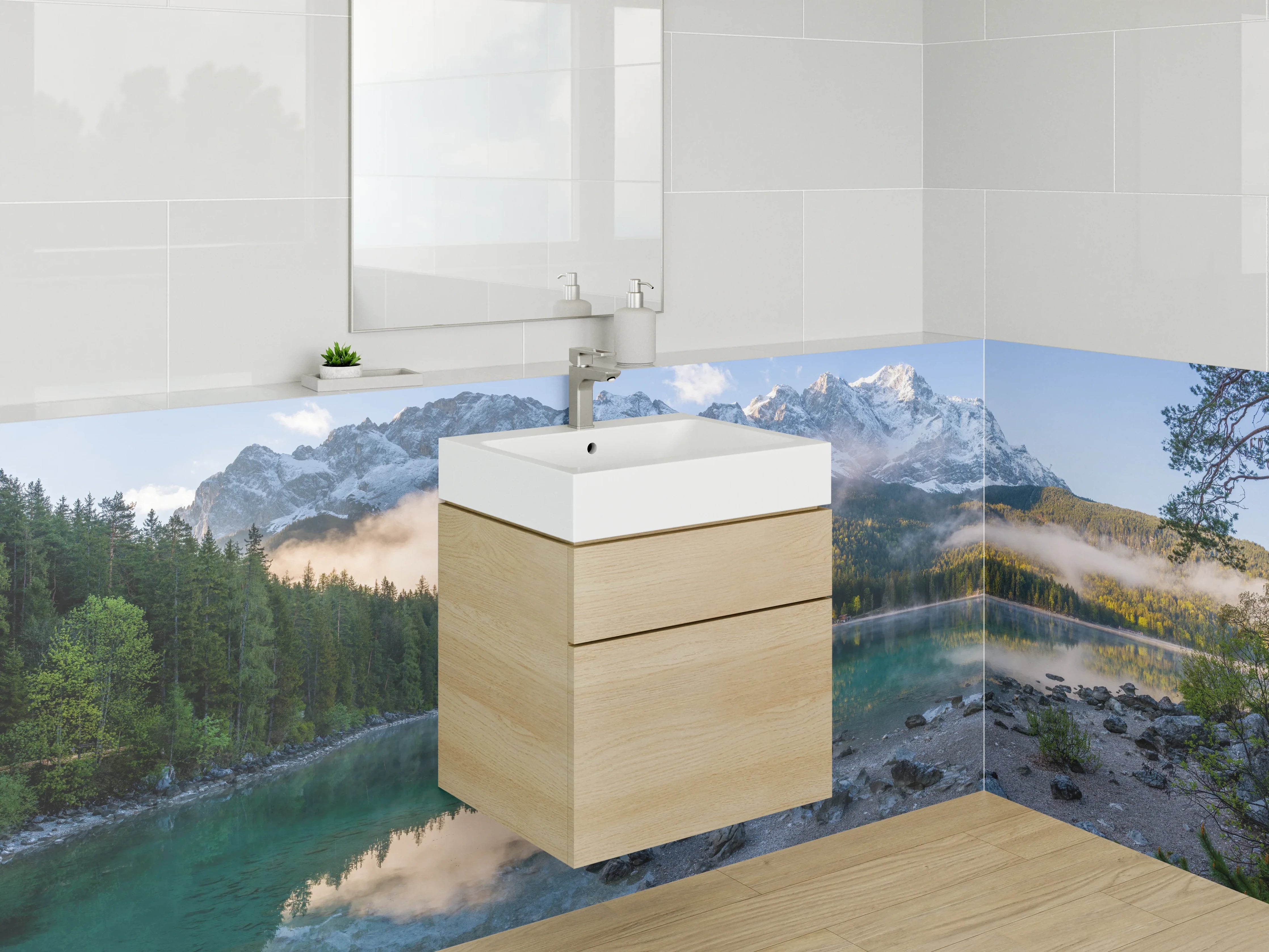 Waschbecken-Rückwand - Bergsee mit Schnee bedeckten Gipfeln und spiegelndem Wasser