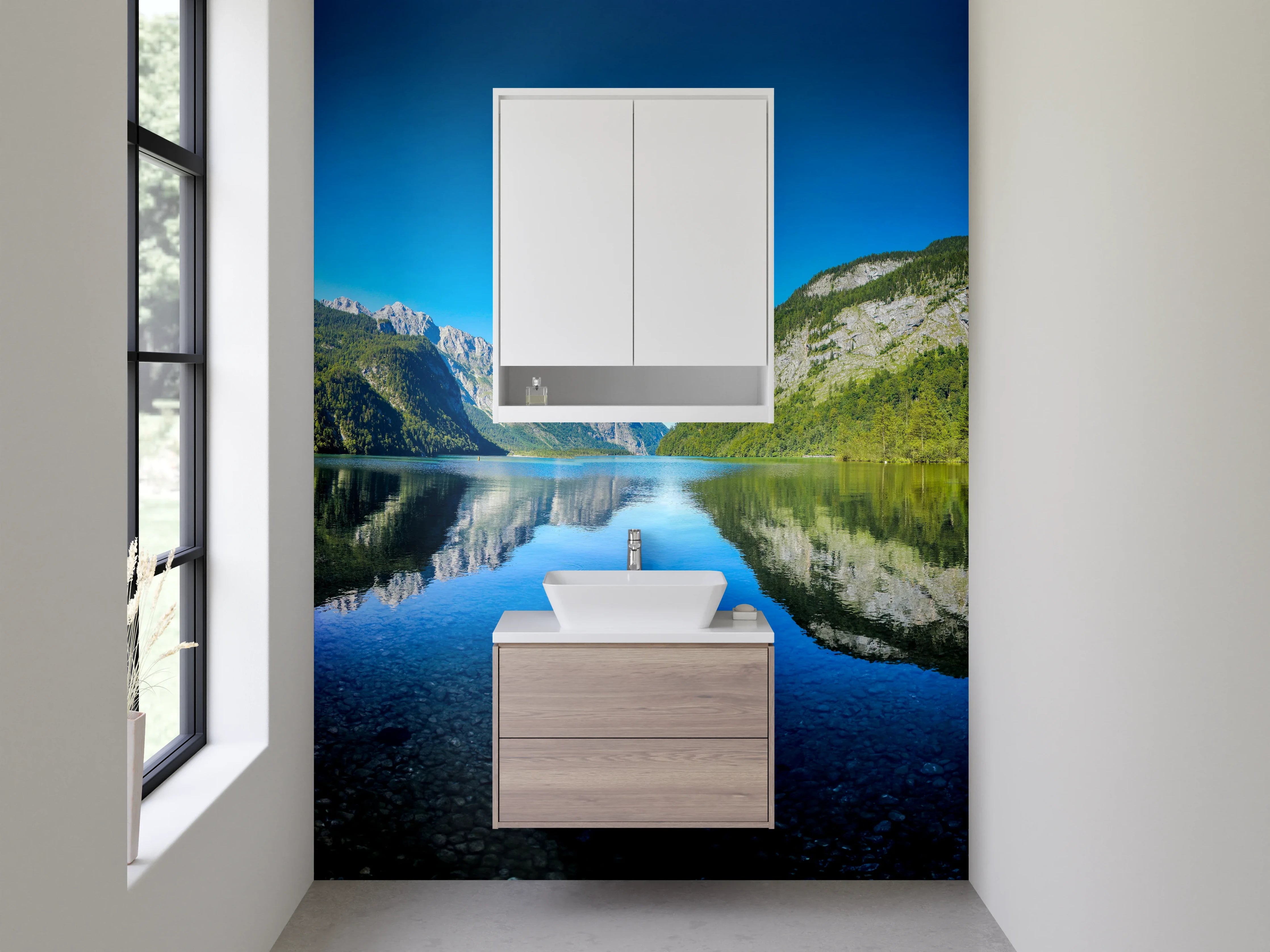 Waschbecken-Rückwand - Bergsee mit Spiegelung in klarer Natur