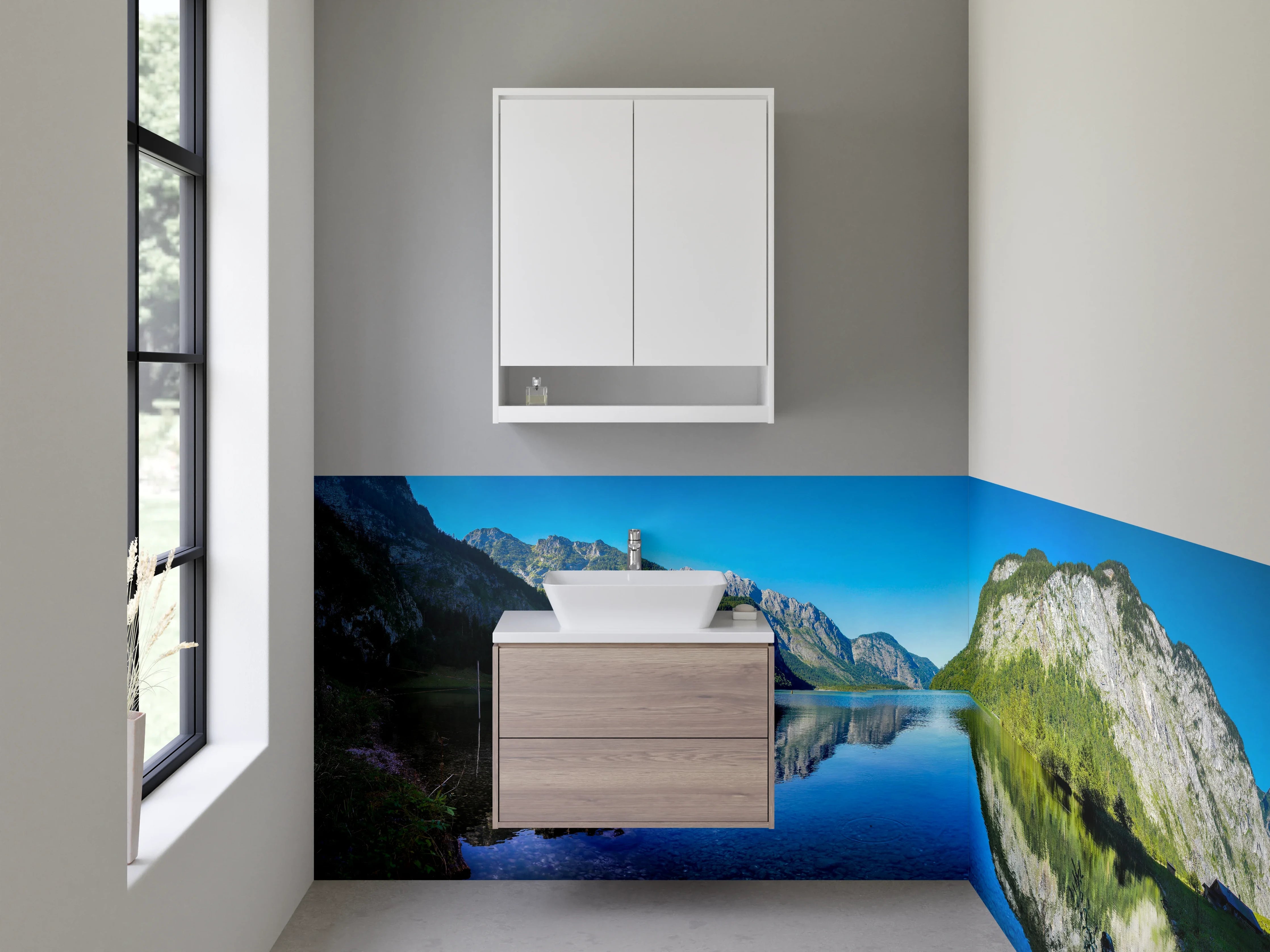 Waschbecken-Rückwand - Bergsee mit Spiegelung in klarer Natur