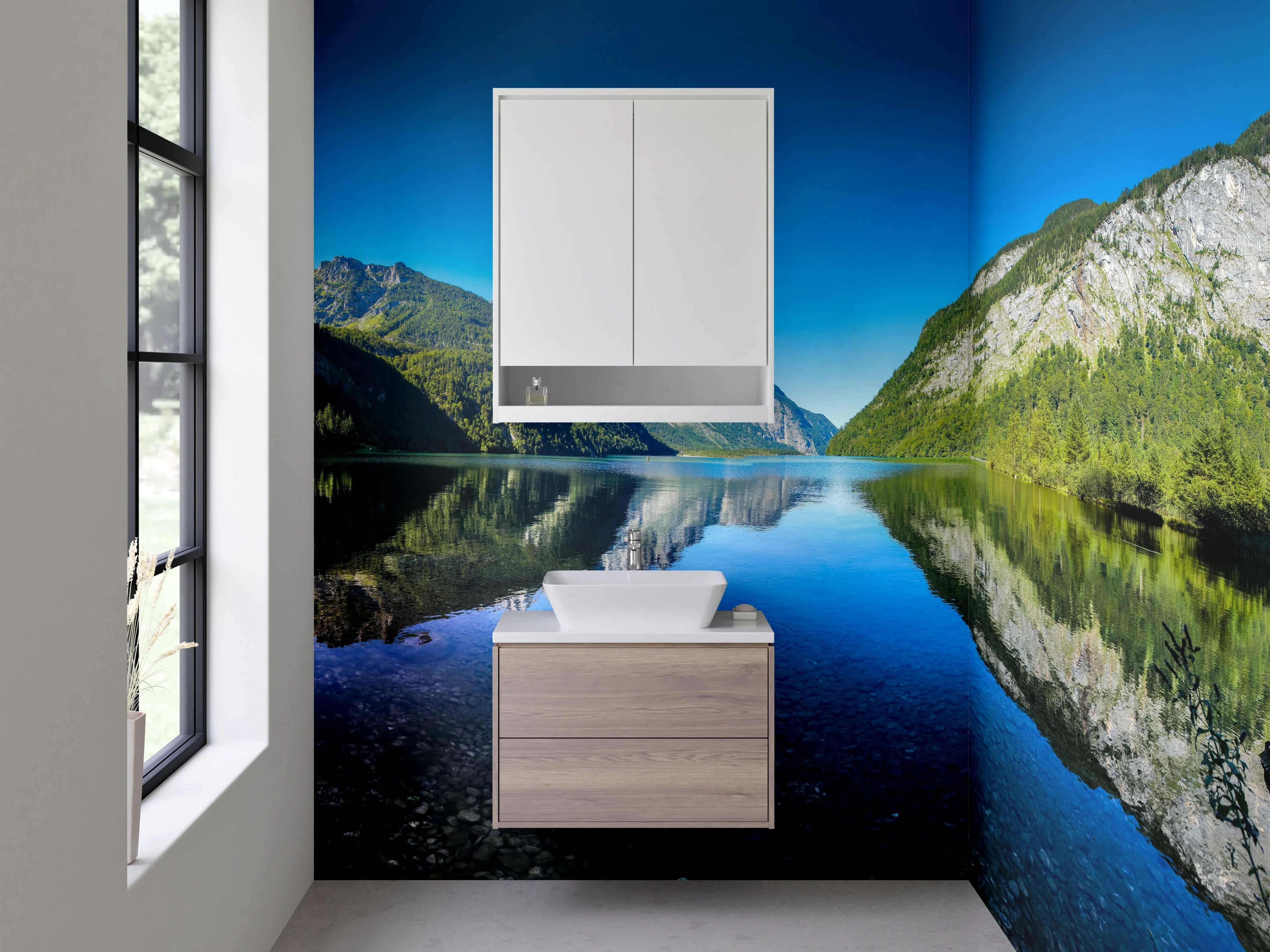 Waschbecken-Rückwand - Bergsee mit Spiegelung in klarer Natur