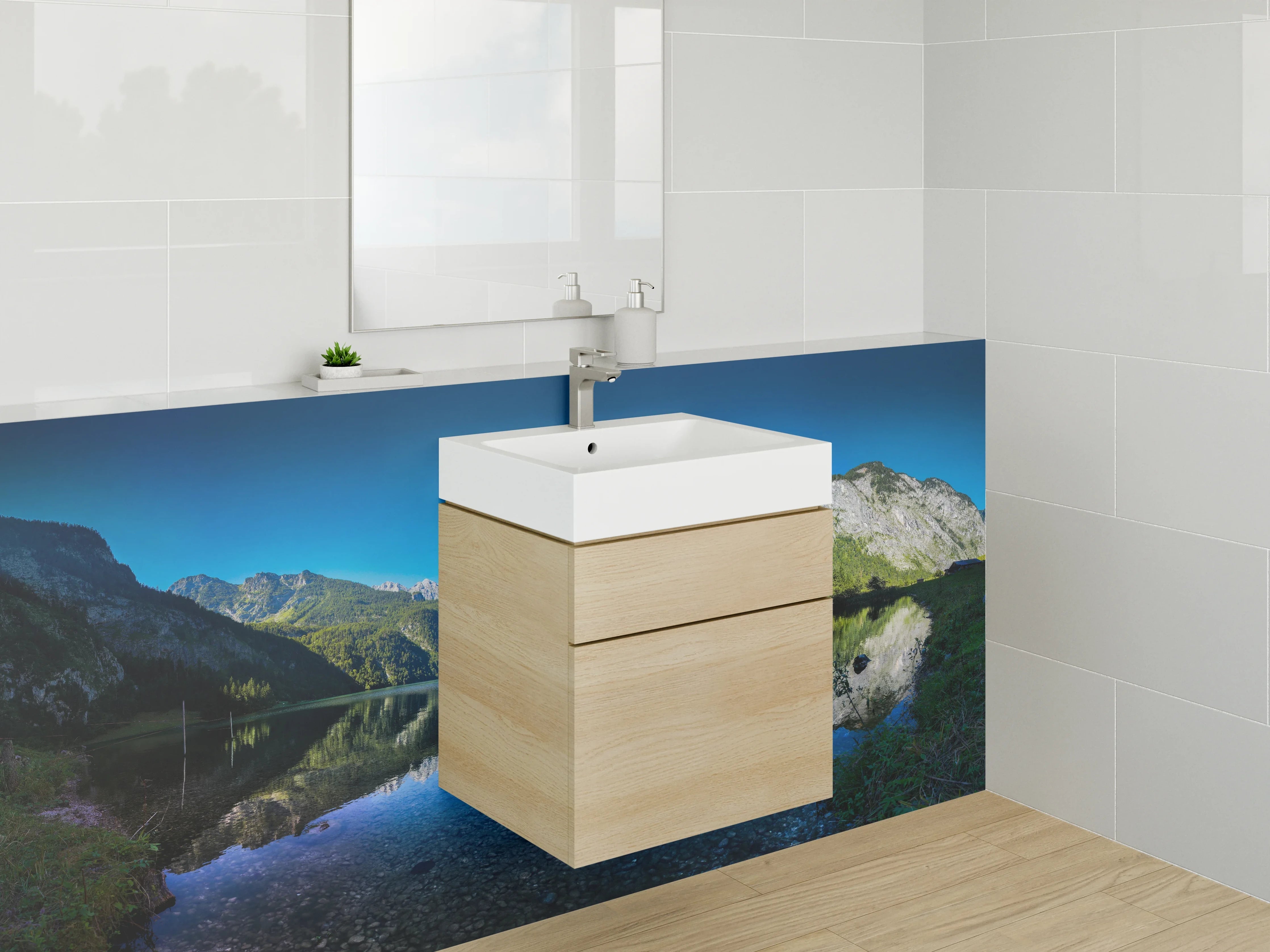 Waschbecken-Rückwand - Bergsee mit Spiegelung in klarer Natur