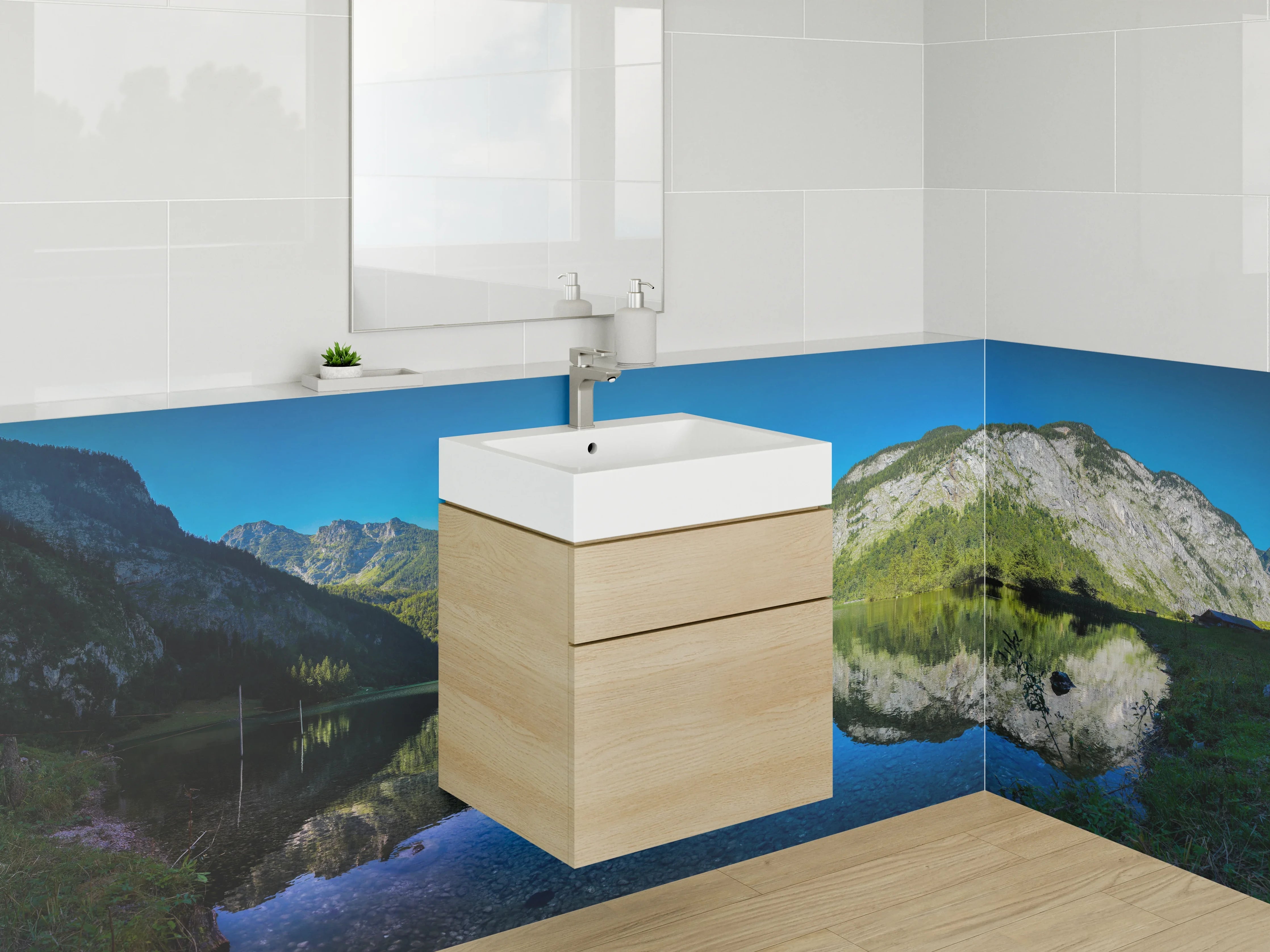 Waschbecken-Rückwand - Bergsee mit Spiegelung in klarer Natur