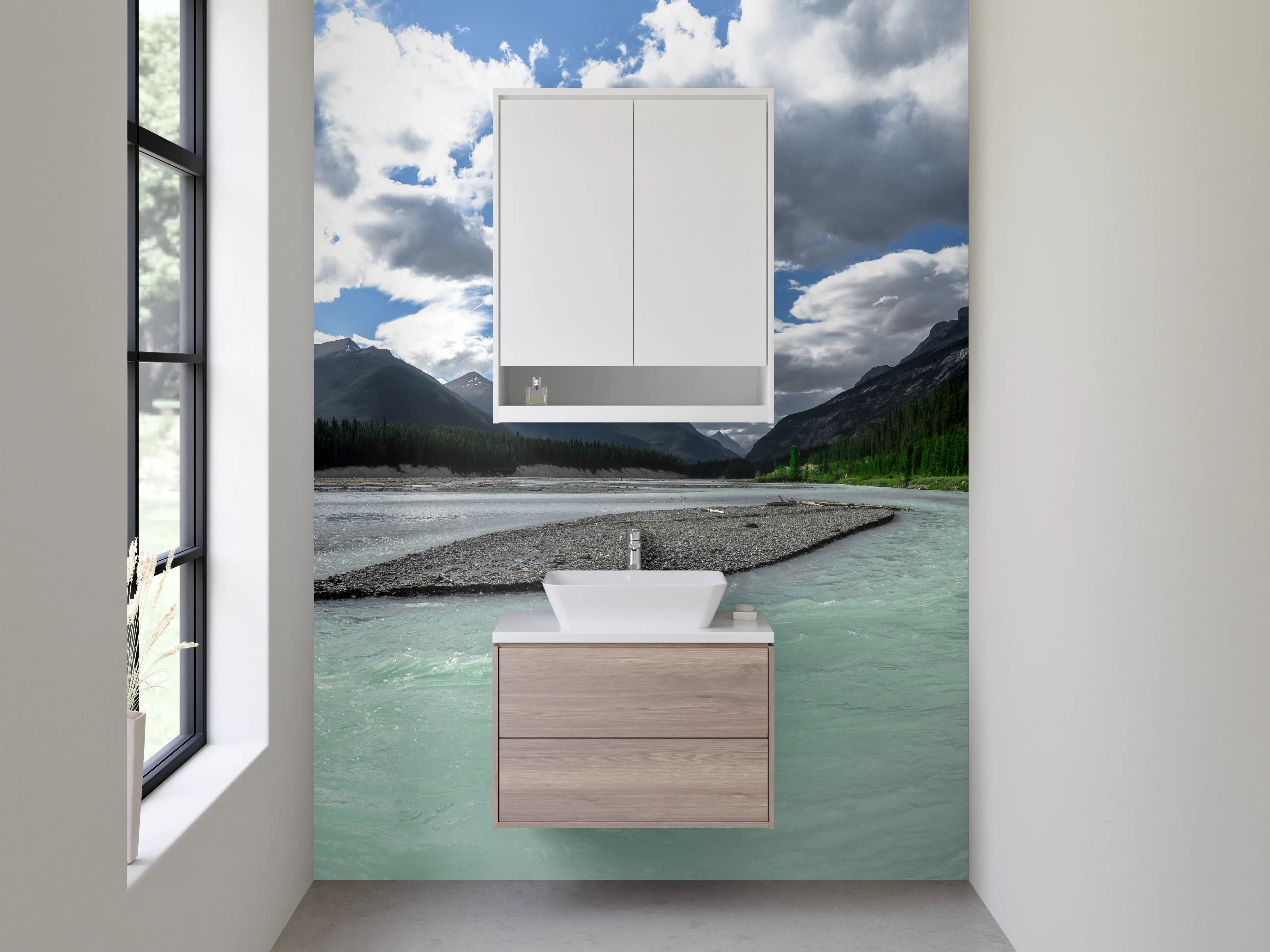 Waschbecken-Rückwand - Bergsee mit Wolken und grünen Hängen
