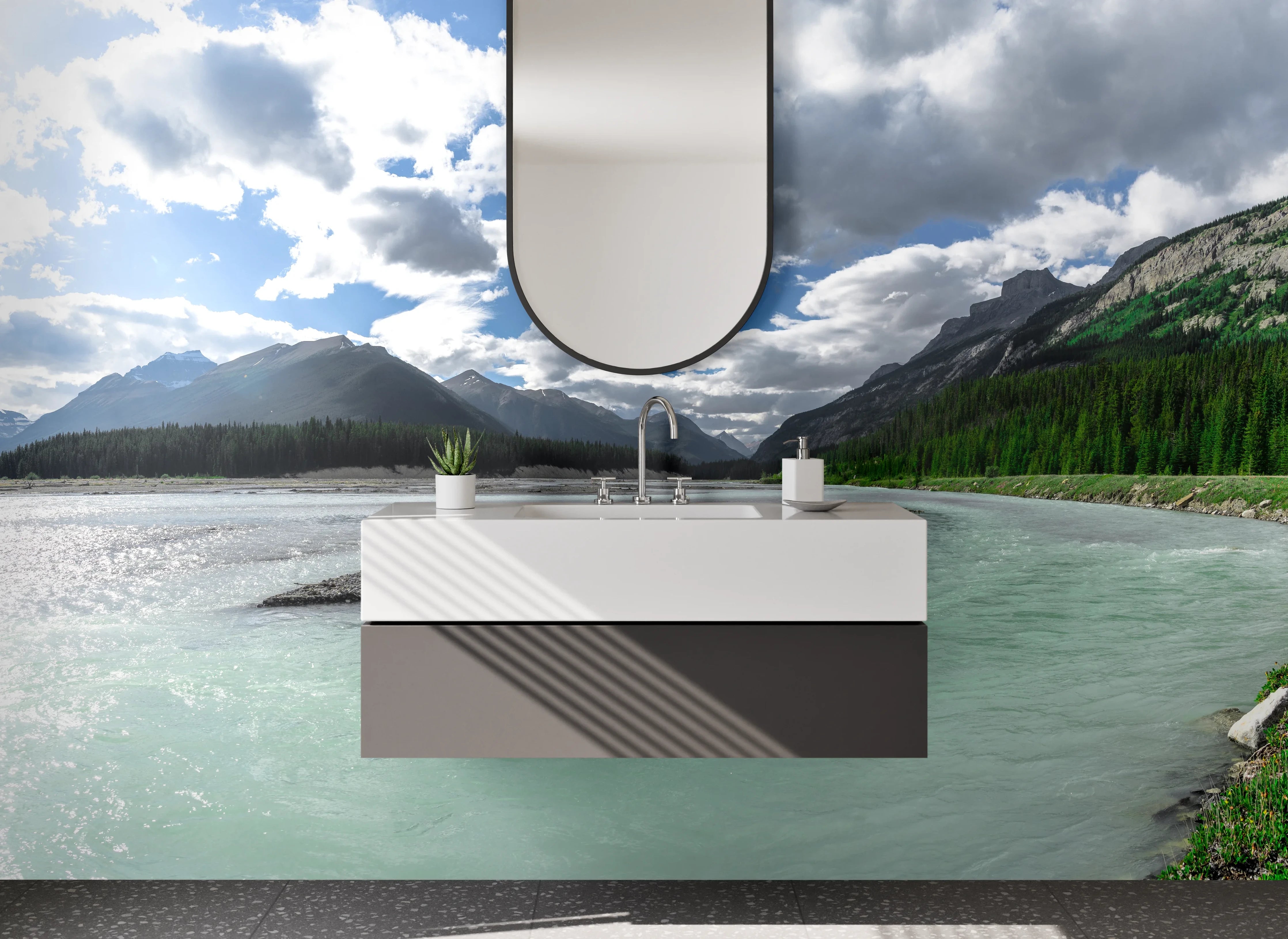 Waschbecken-Rückwand - Bergsee mit Wolken und grünen Hängen
