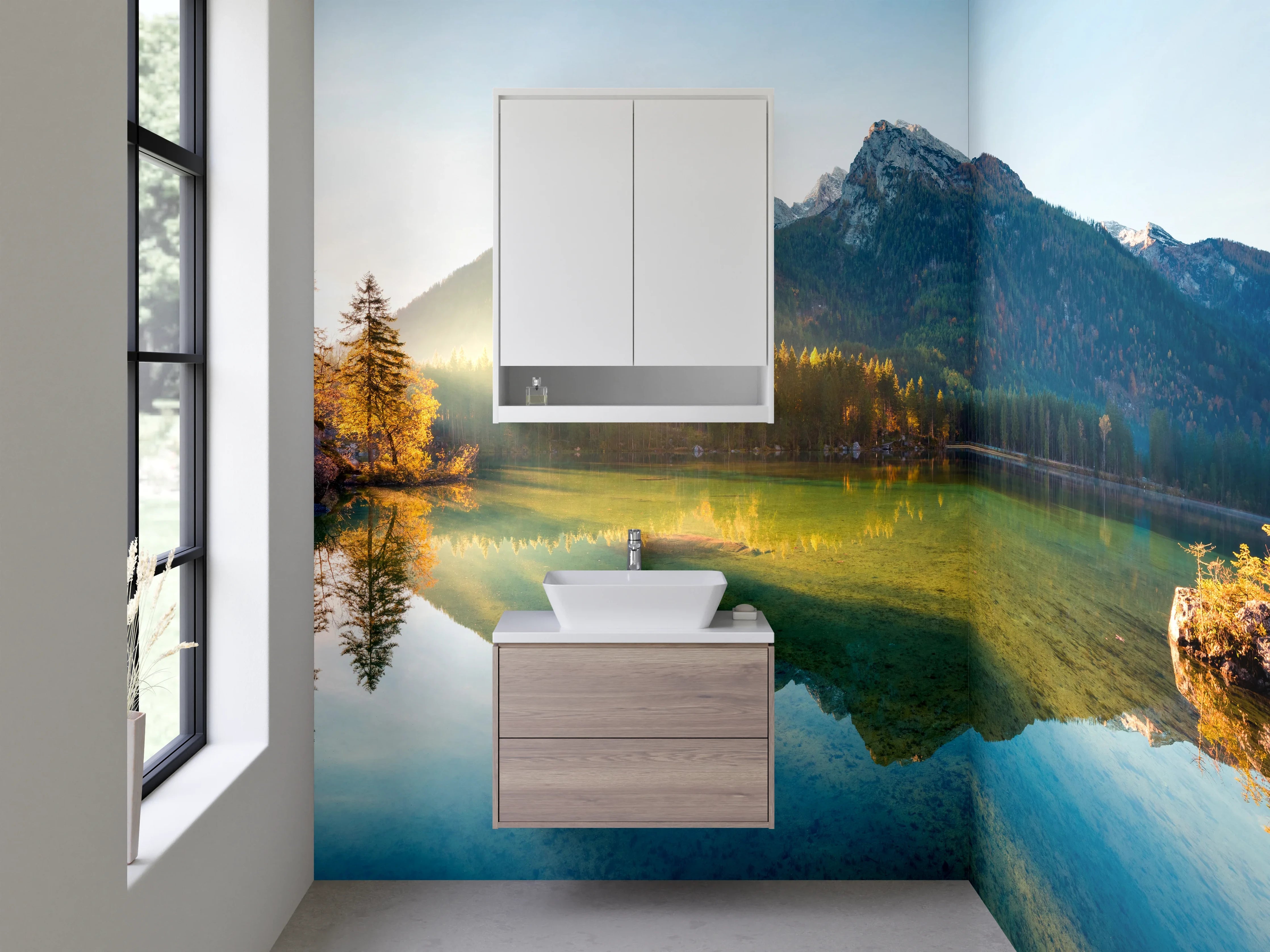 Waschbecken-Rückwand - Bergsee mit reflektierenden Gipfeln