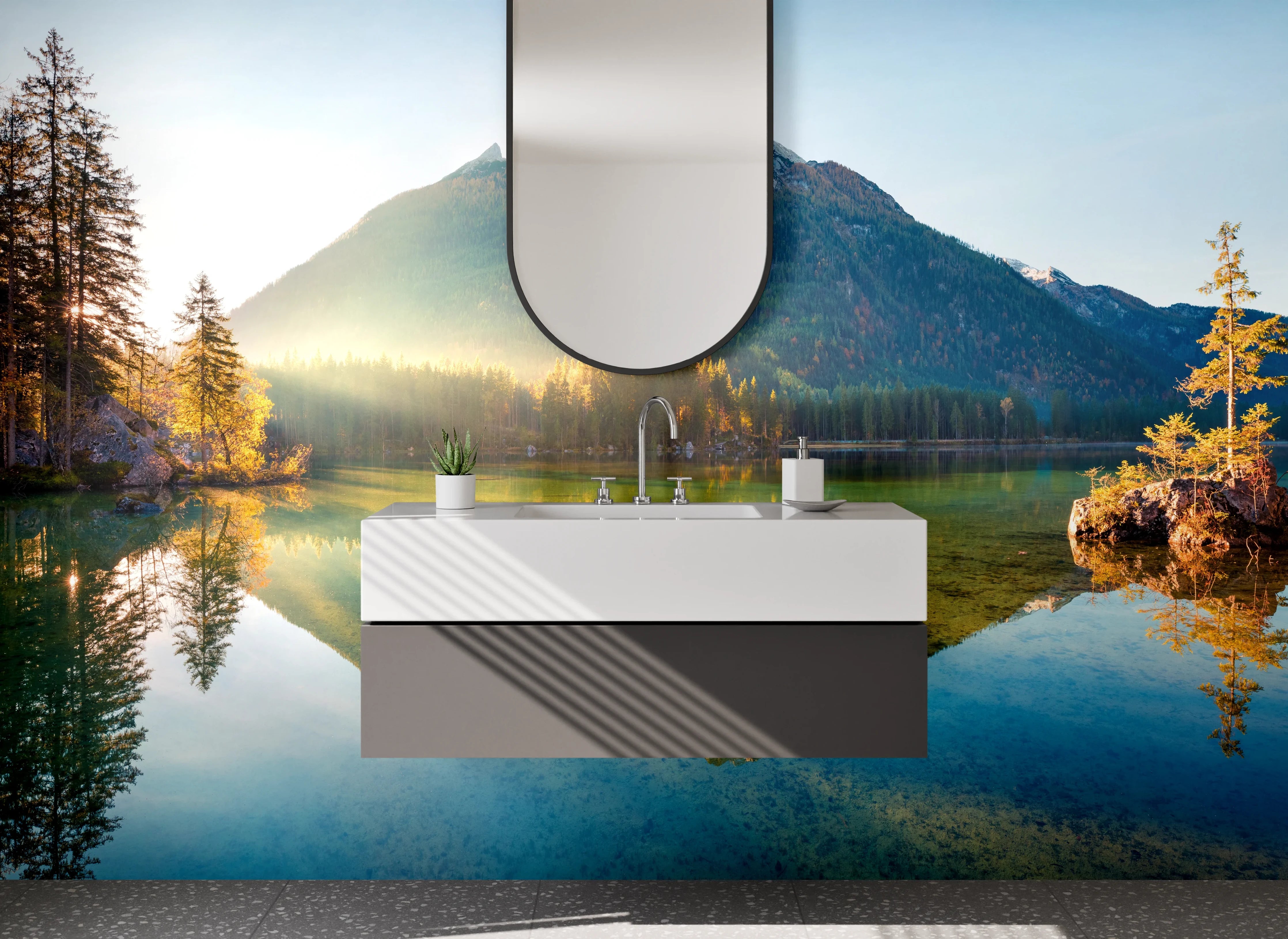 Waschbecken-Rückwand - Bergsee mit reflektierenden Gipfeln