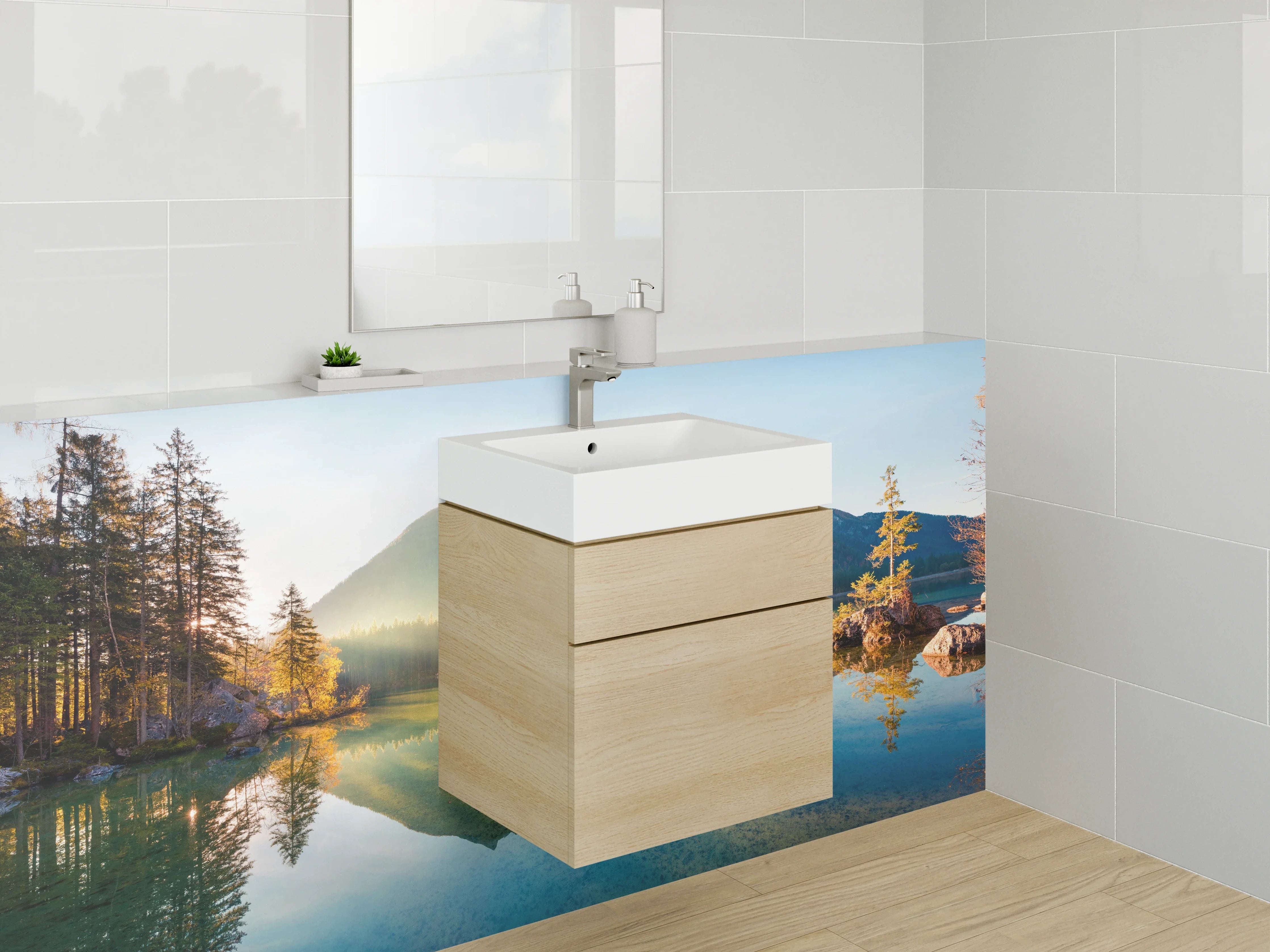 Waschbecken-Rückwand - Bergsee mit reflektierenden Gipfeln