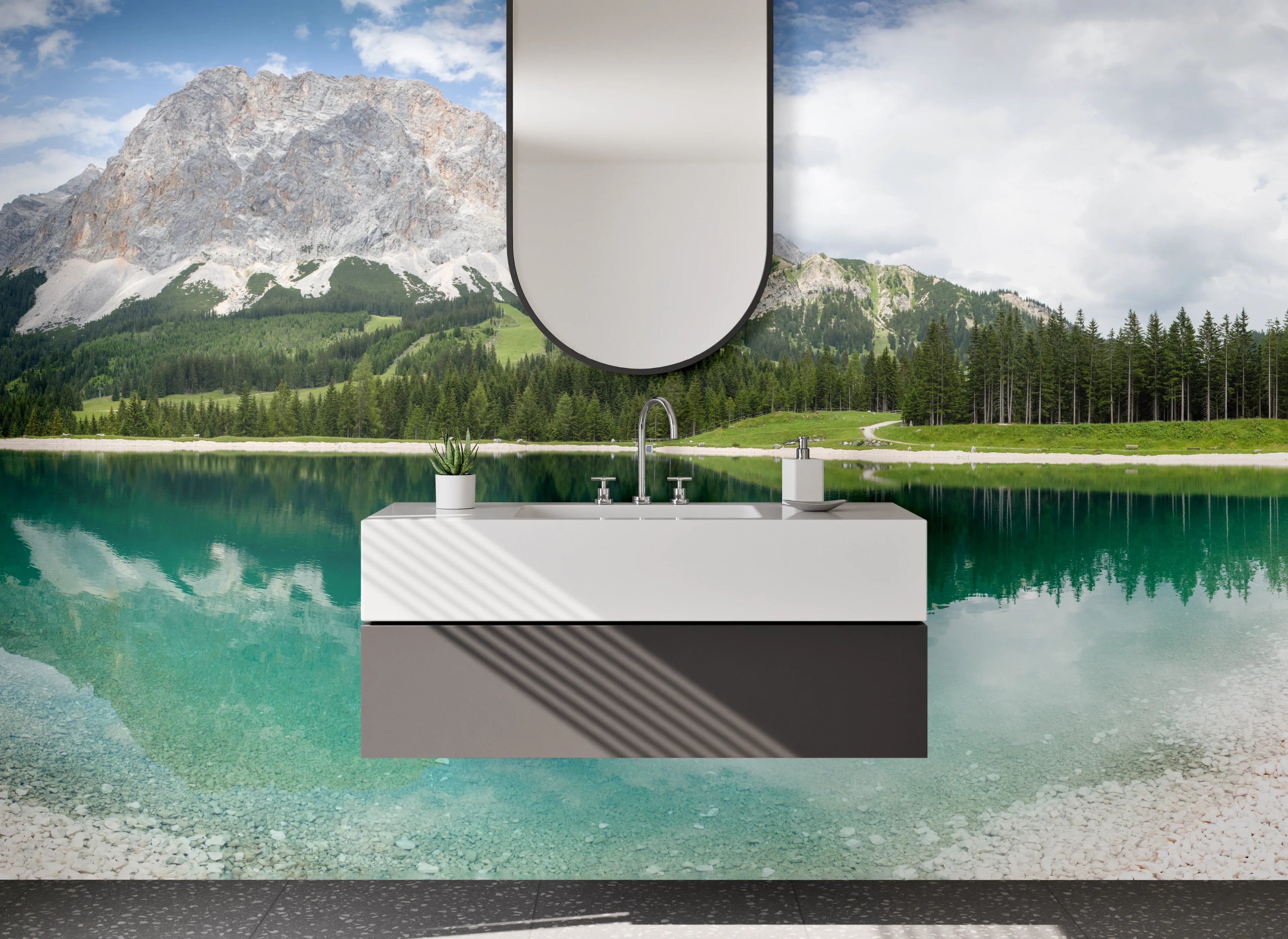 Waschbecken-Rückwand - Bergsee mit reflexionsreicher Landschaft