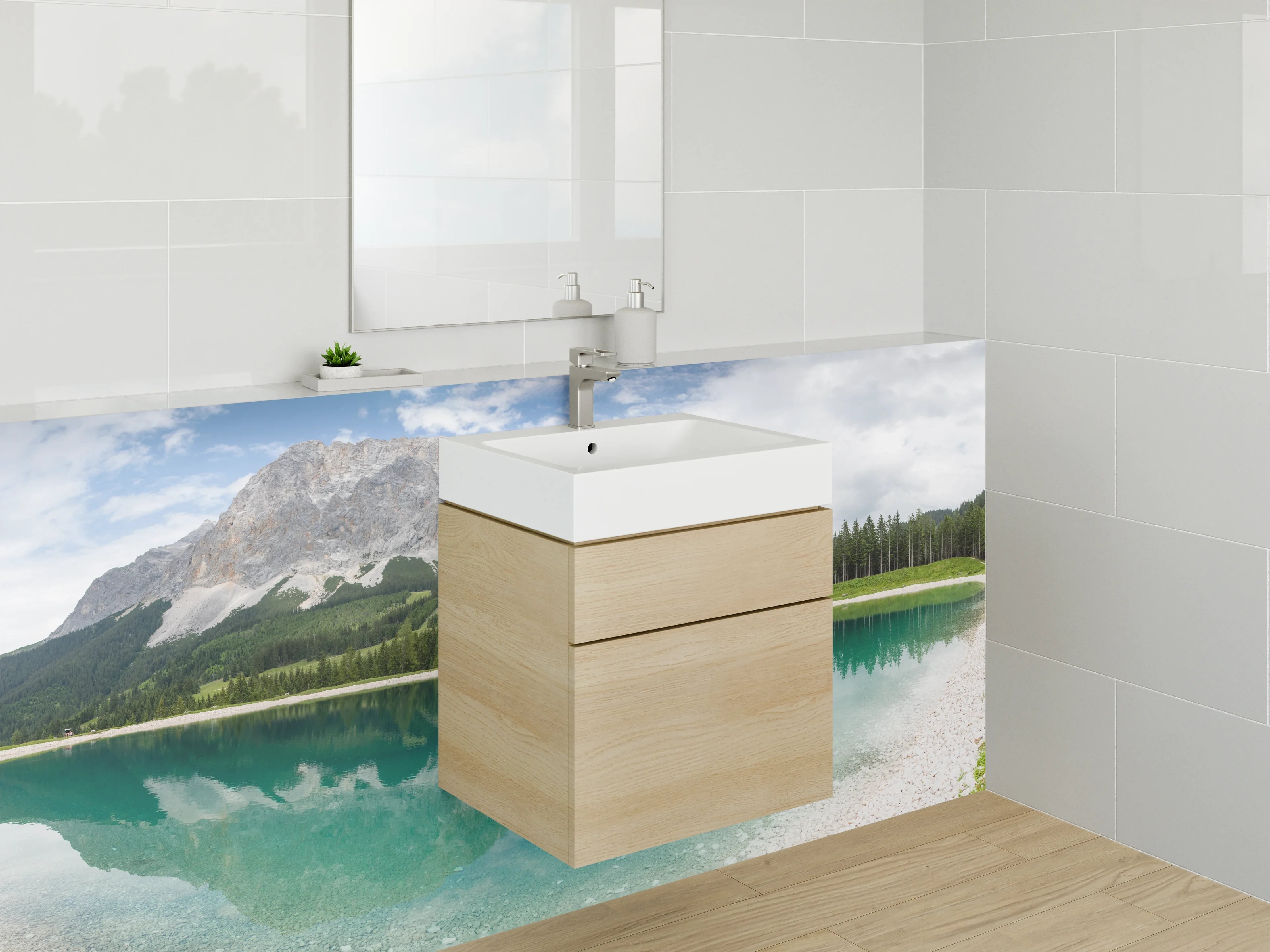 Waschbecken-Rückwand - Bergsee mit reflexionsreicher Landschaft