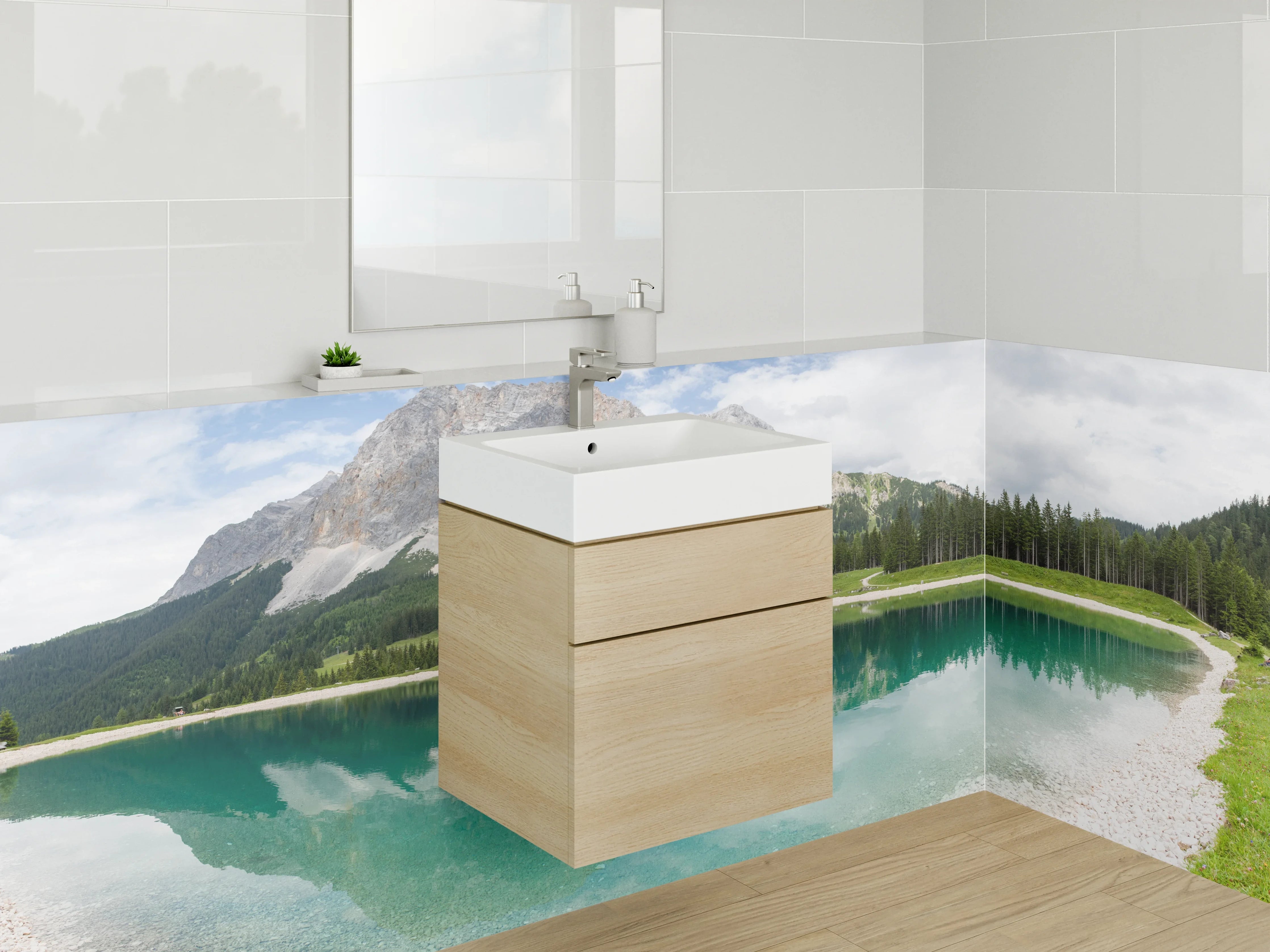 Waschbecken-Rückwand - Bergsee mit reflexionsreicher Landschaft