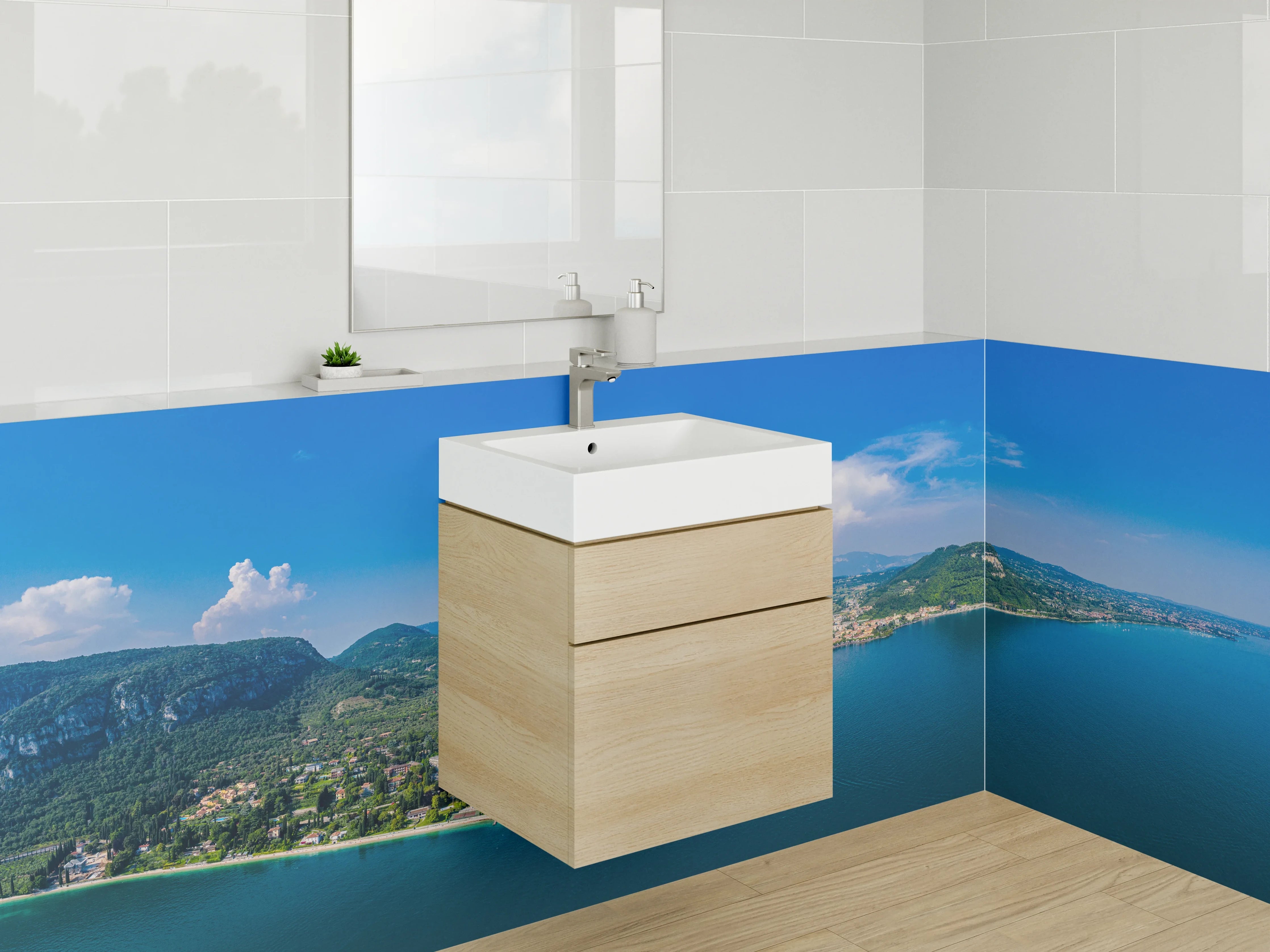 Waschbecken-Rückwand - Bergsee und Küstenlinie bei Sonnenlicht