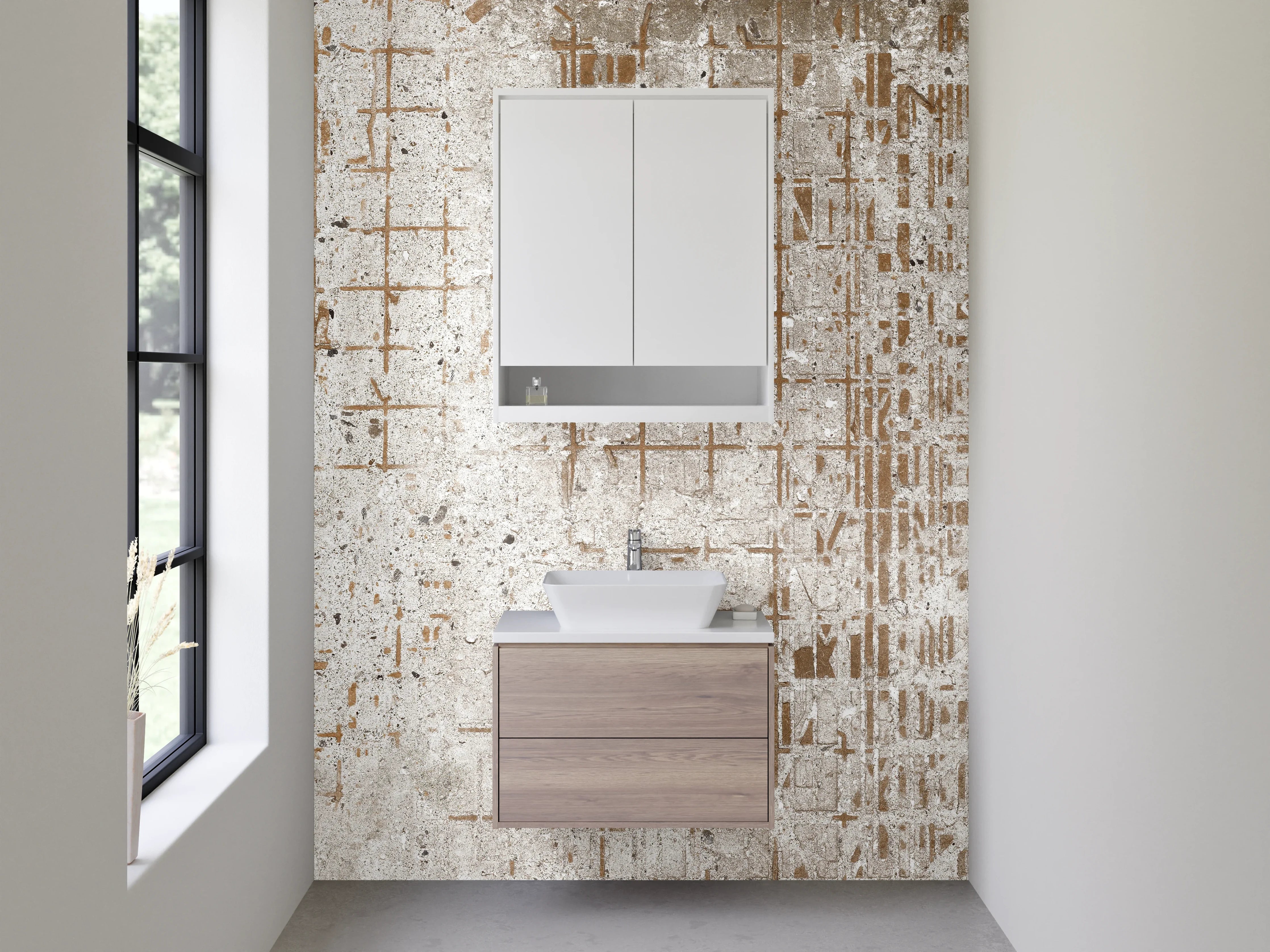 Waschbecken-Rückwand - Beton Vintage Fliesenoptik Weiß Grau Beige