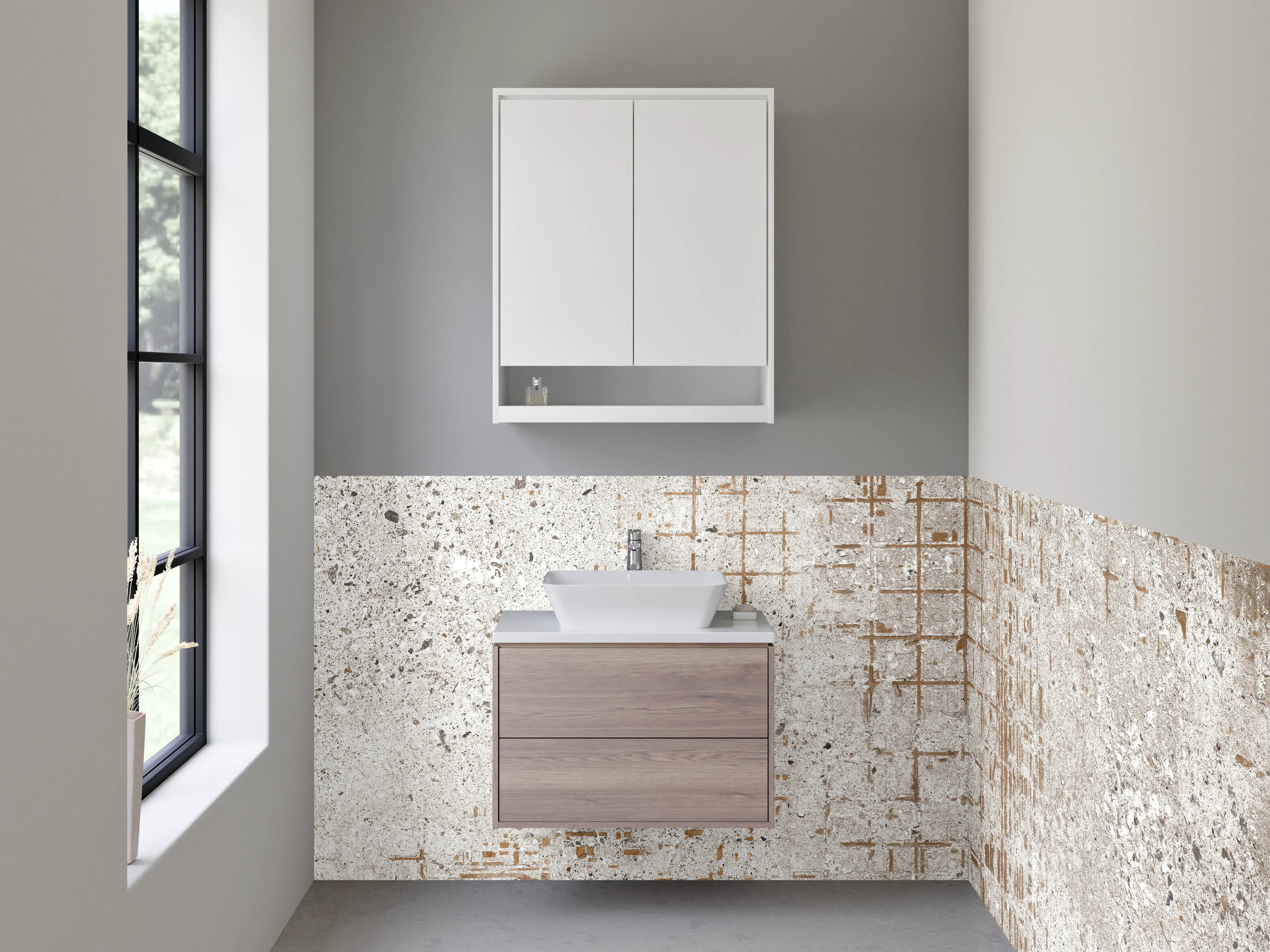 Waschbecken-Rückwand - Beton Vintage Fliesenoptik Weiß Grau Beige