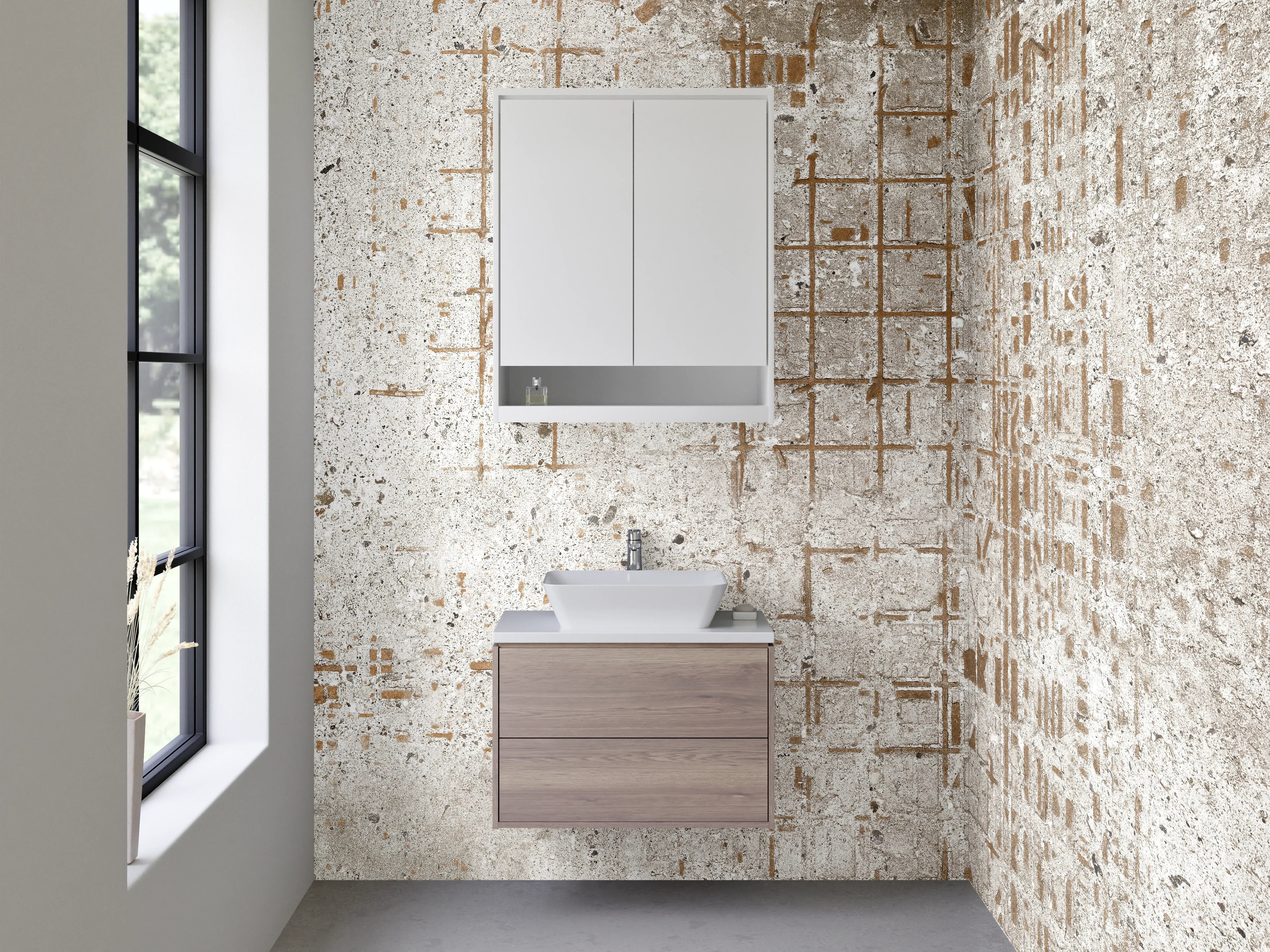 Waschbecken-Rückwand - Beton Vintage Fliesenoptik Weiß Grau Beige