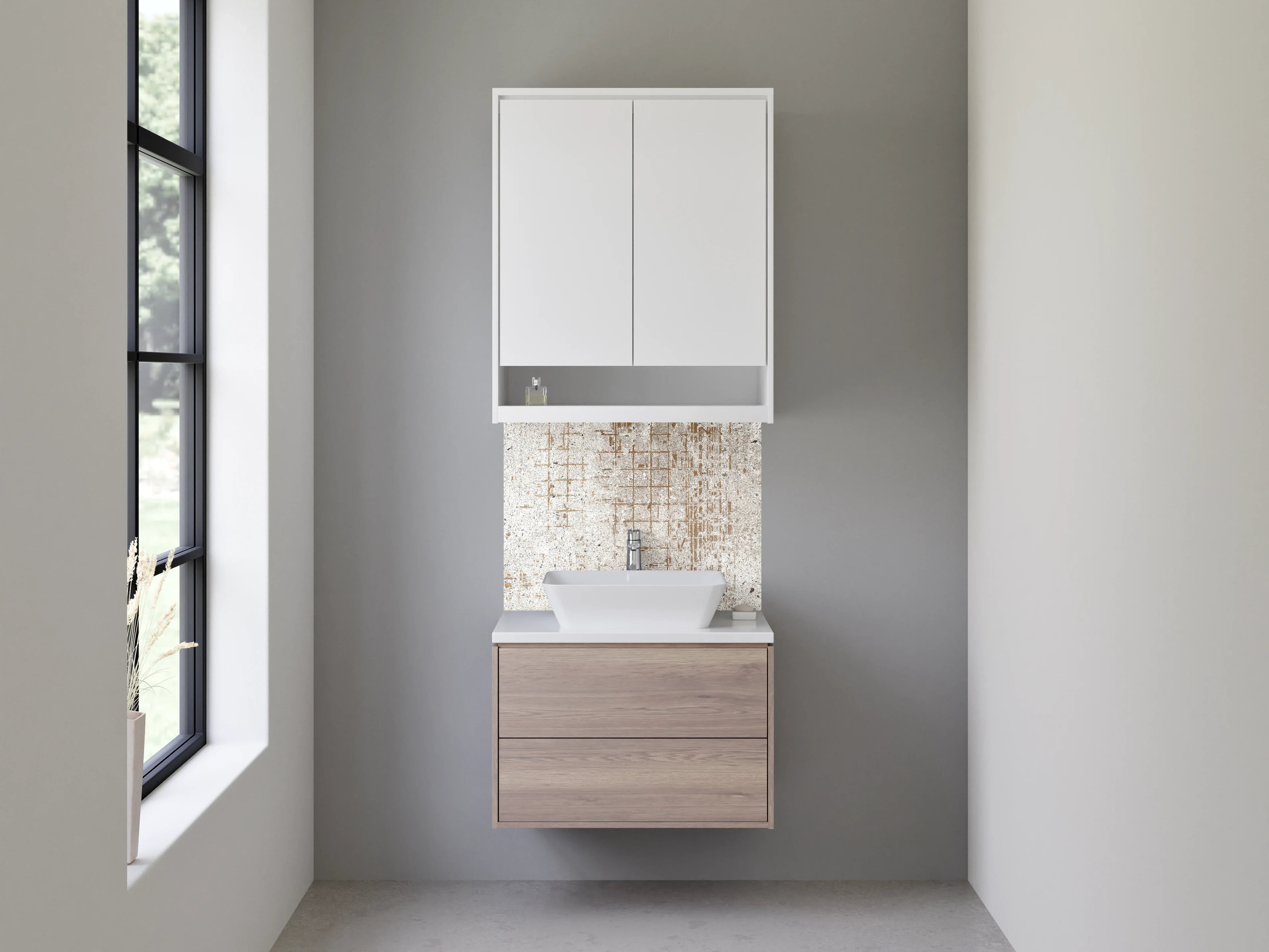 Waschbecken-Rückwand - Beton Vintage Fliesenoptik Weiß Grau Beige