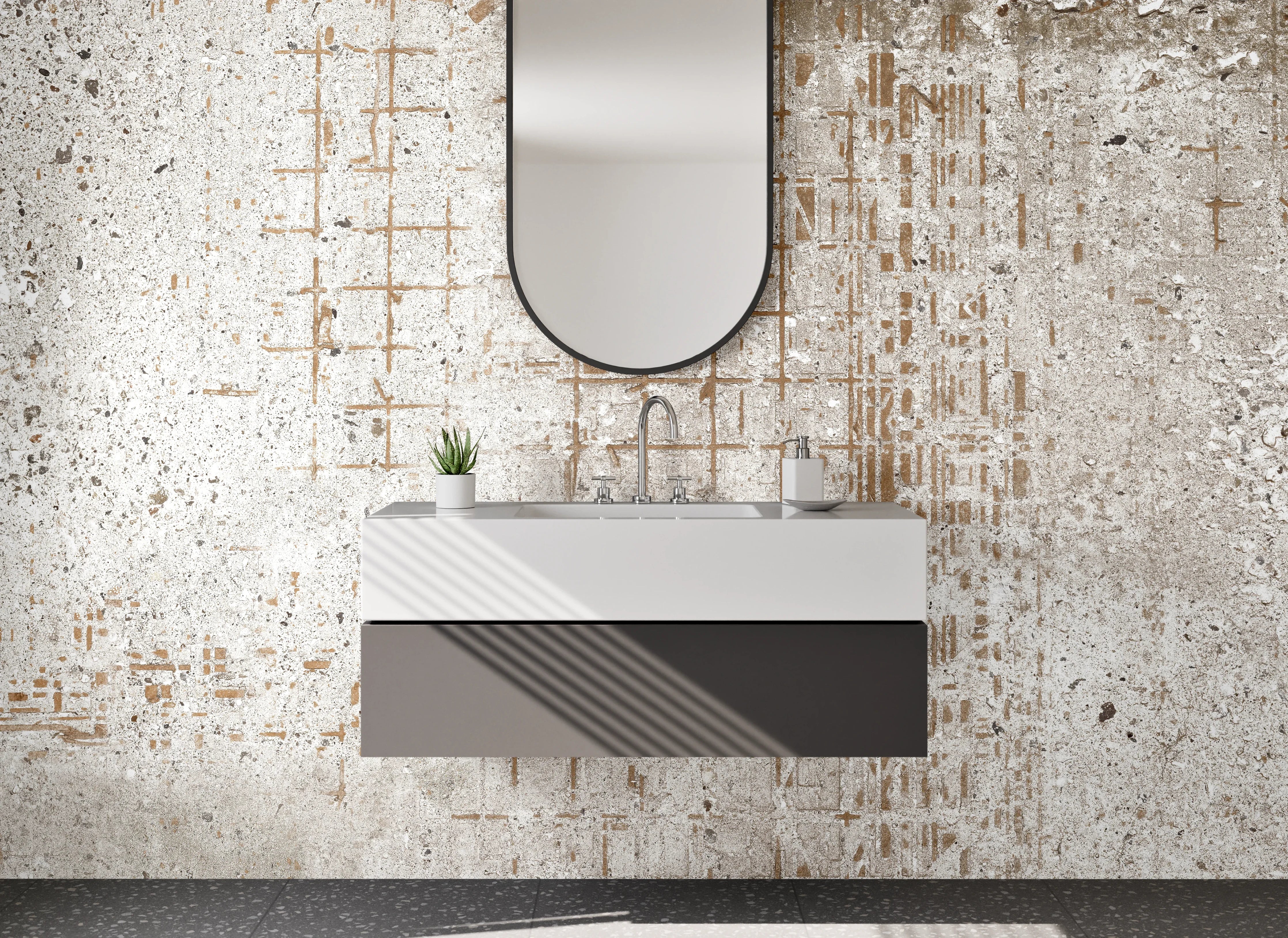 Waschbecken-Rückwand - Beton Vintage Fliesenoptik Weiß Grau Beige