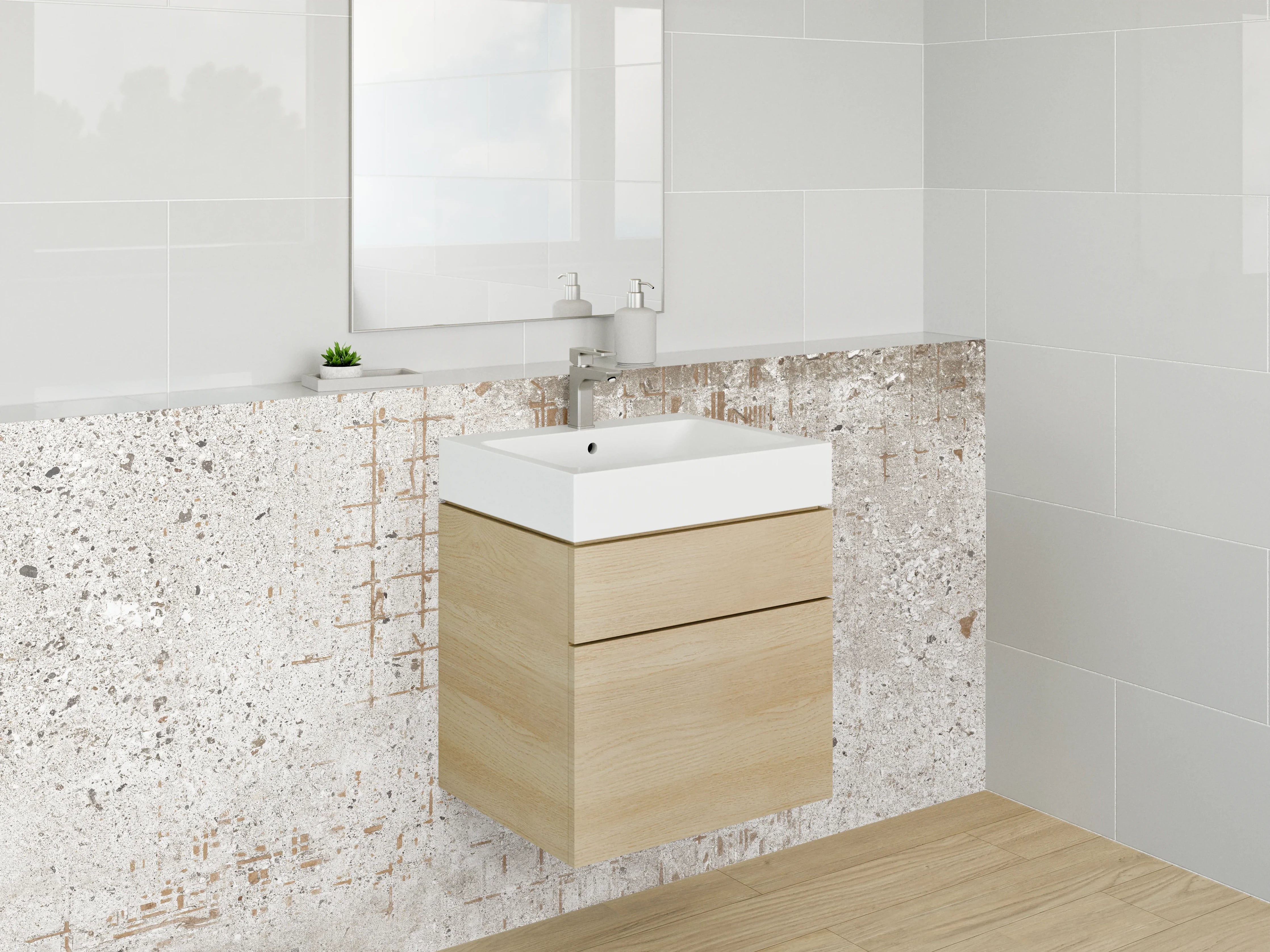 Waschbecken-Rückwand - Beton Vintage Fliesenoptik Weiß Grau Beige