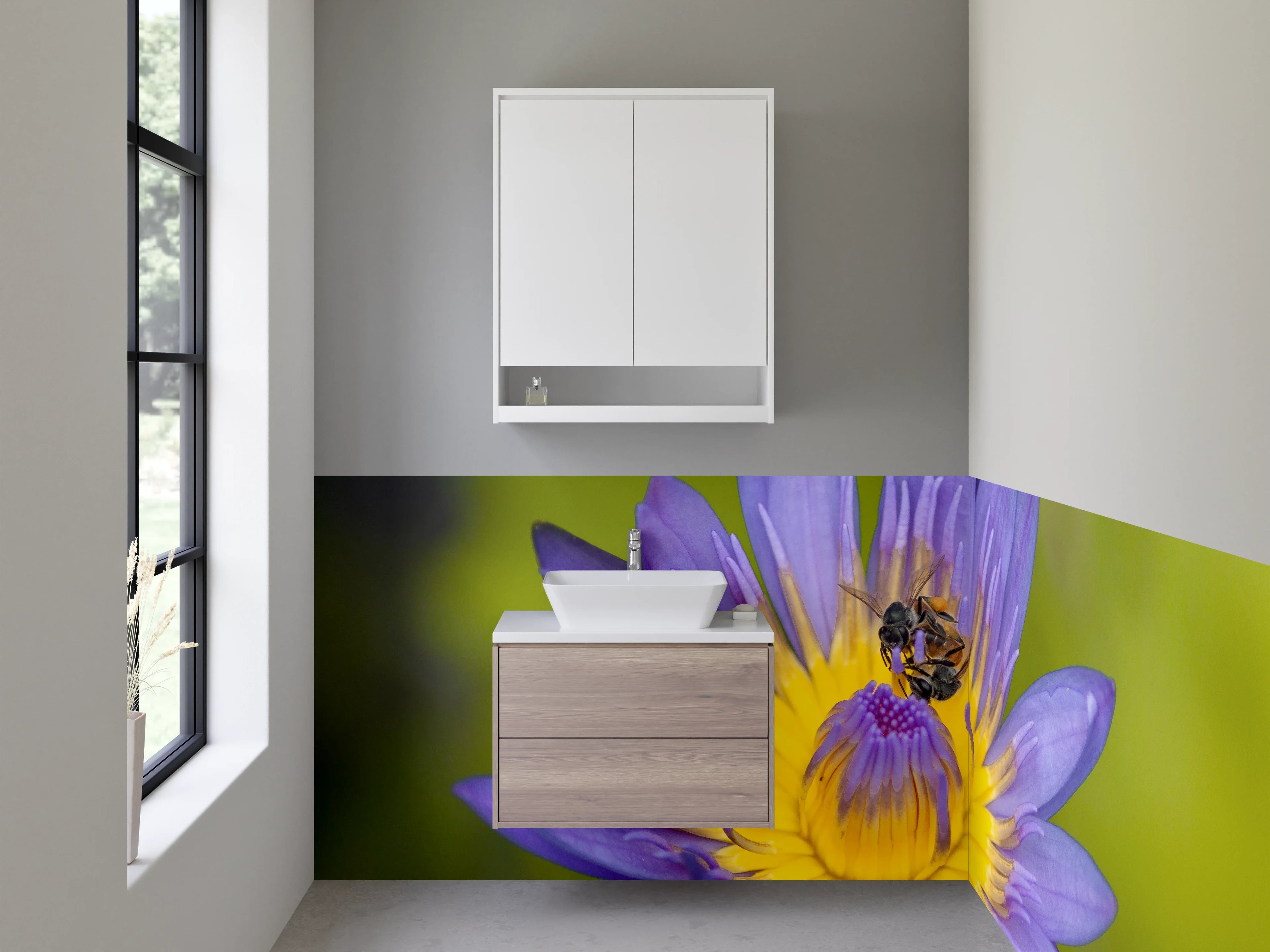 Waschbecken-Rückwand - Biene auf lila Lotusblüte Fotomotiv