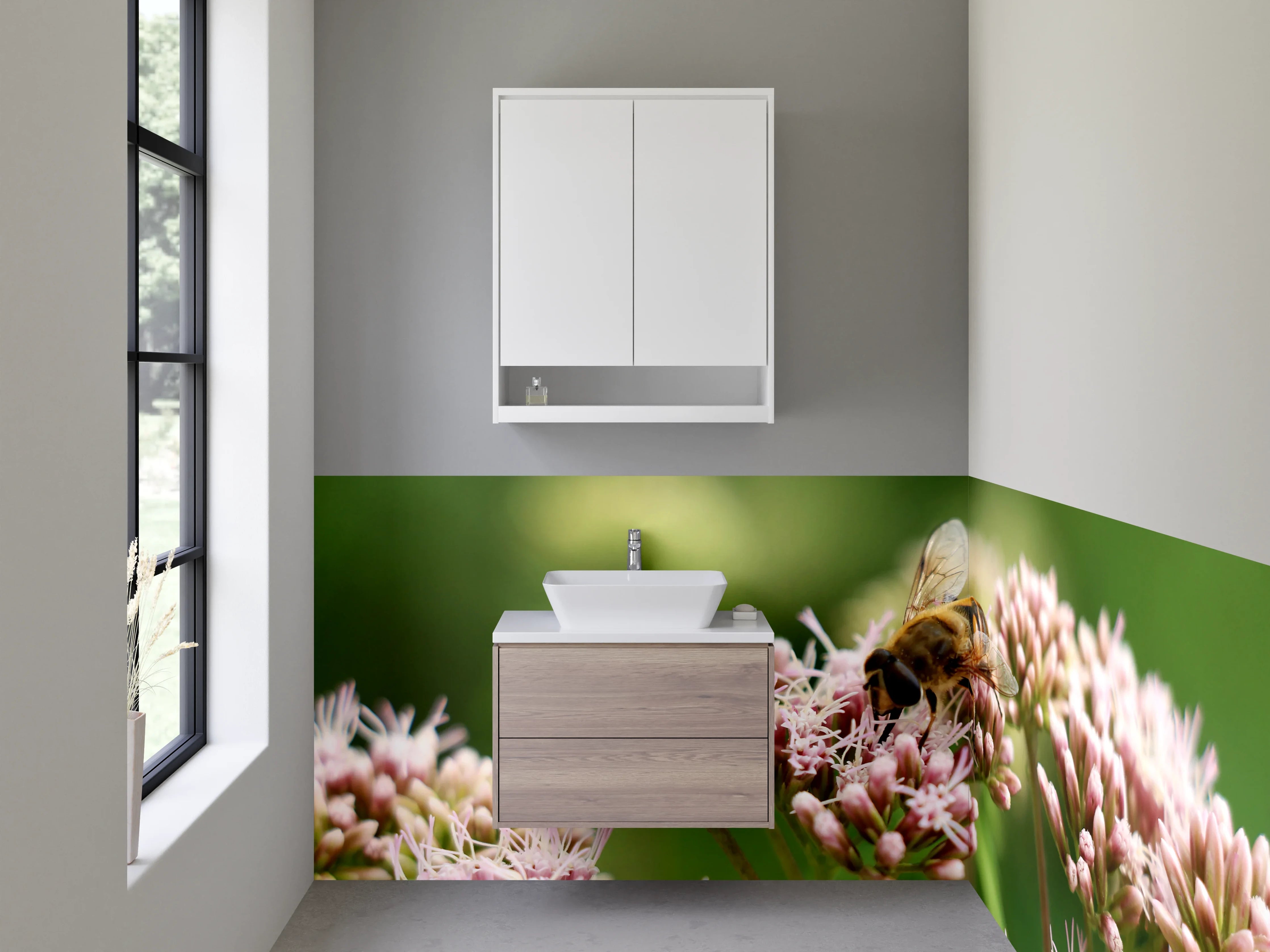 Waschbecken-Rückwand - Biene auf rosa Blüten – Naturmotiv