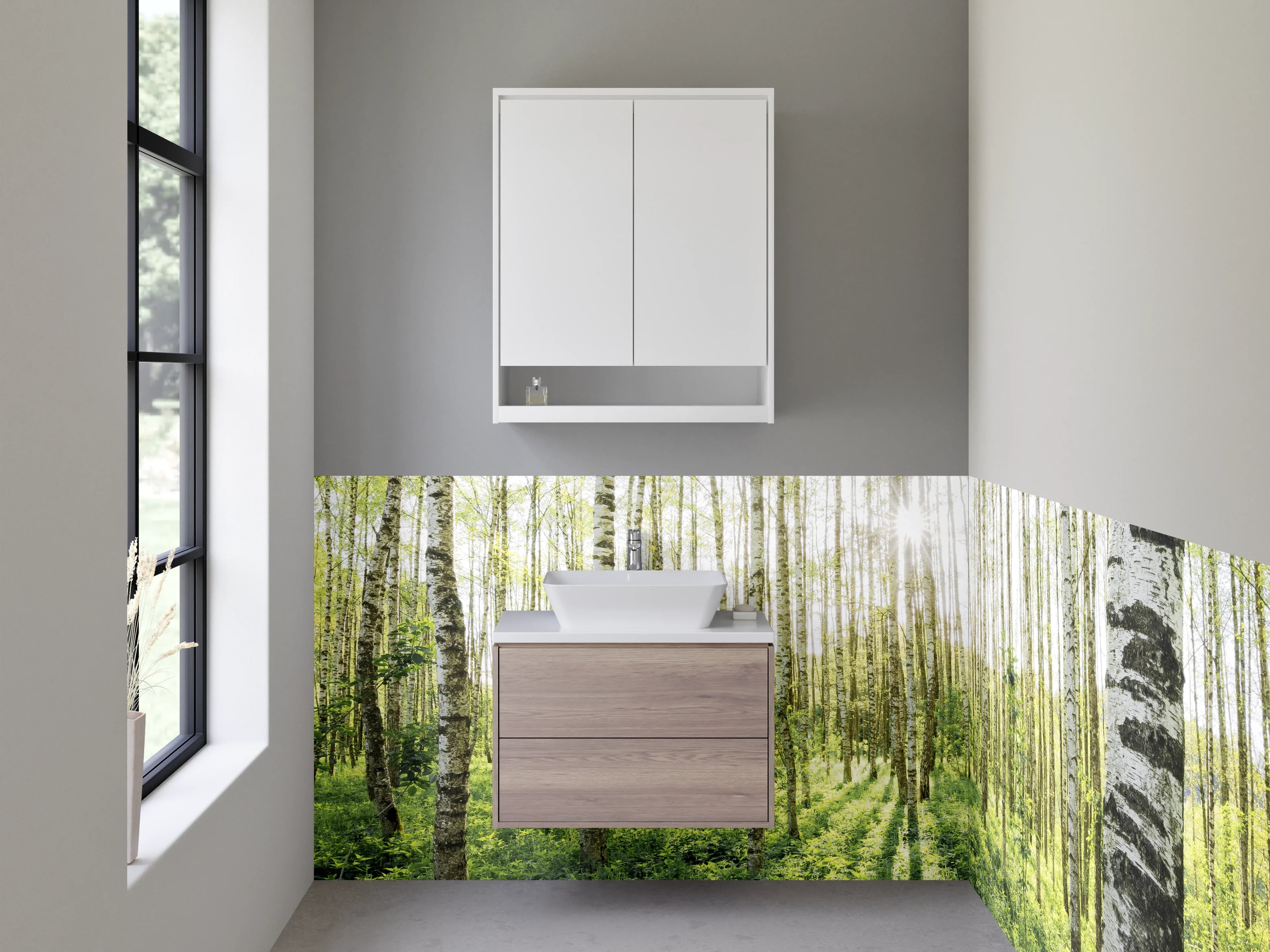 Waschbecken-Rückwand - Birkenwald Naturmotiv Grün Weiß