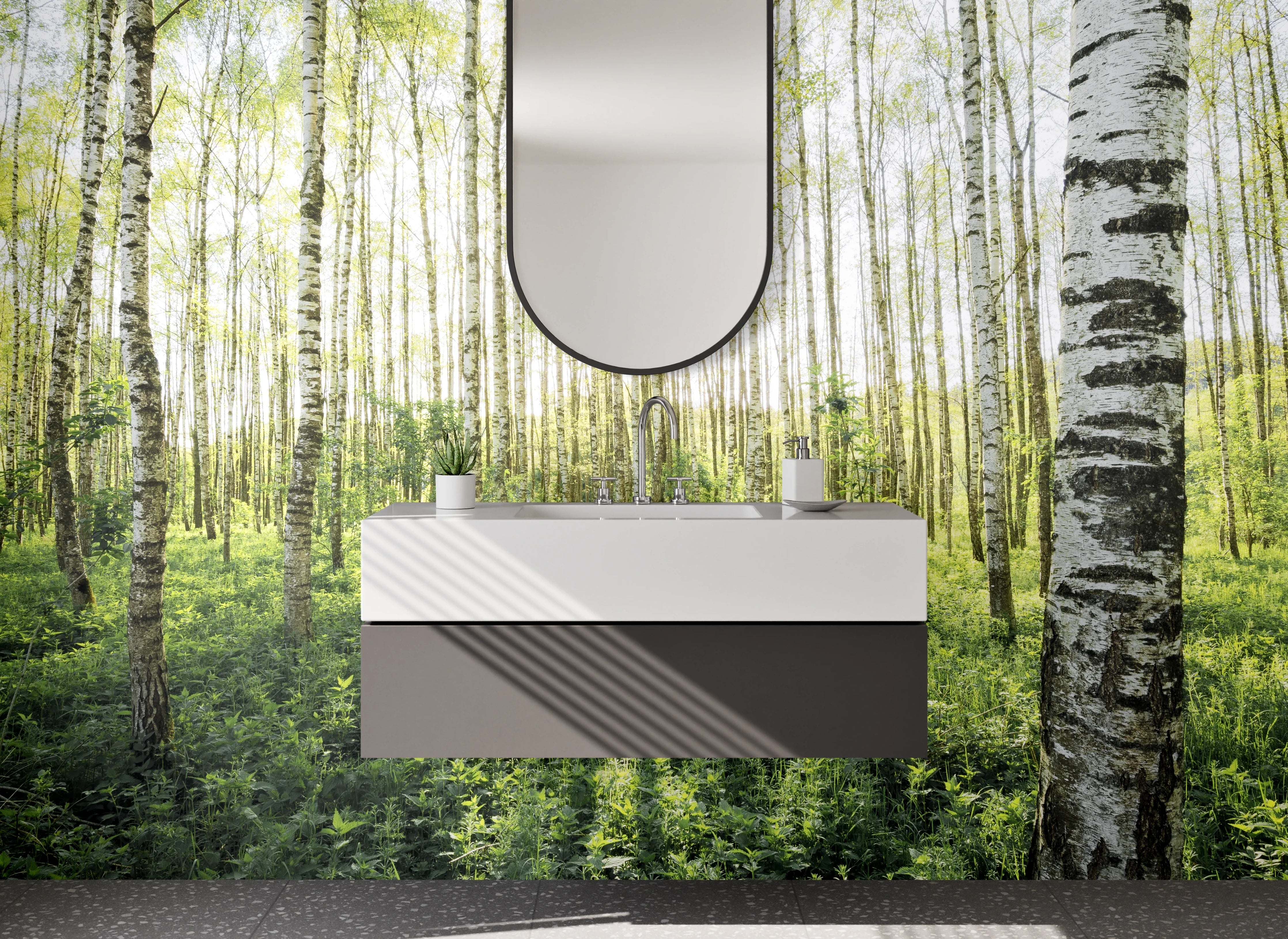 Waschbecken-Rückwand - Birkenwald Naturmotiv Grün Weiß