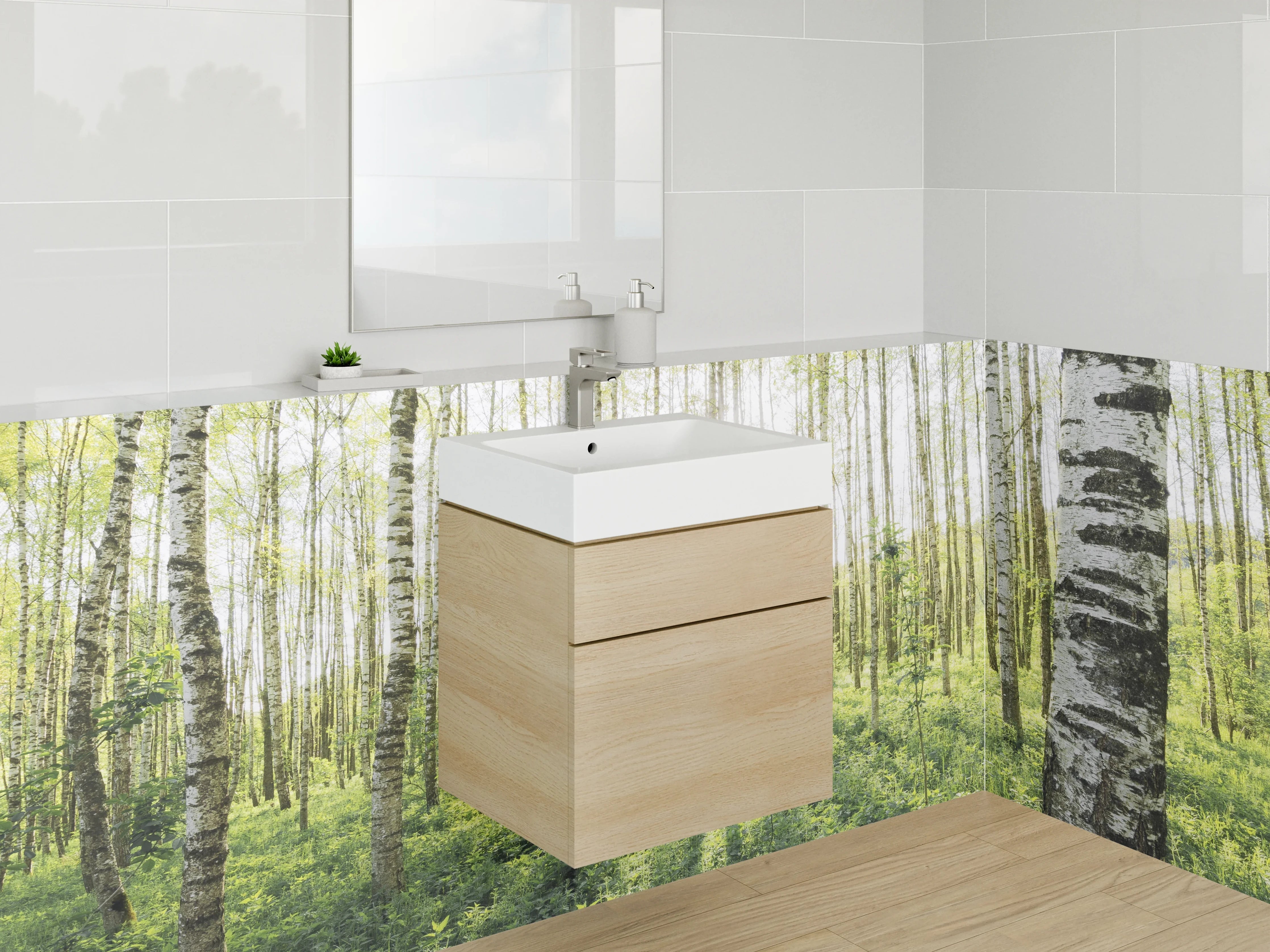 Waschbecken-Rückwand - Birkenwald Naturmotiv Grün Weiß