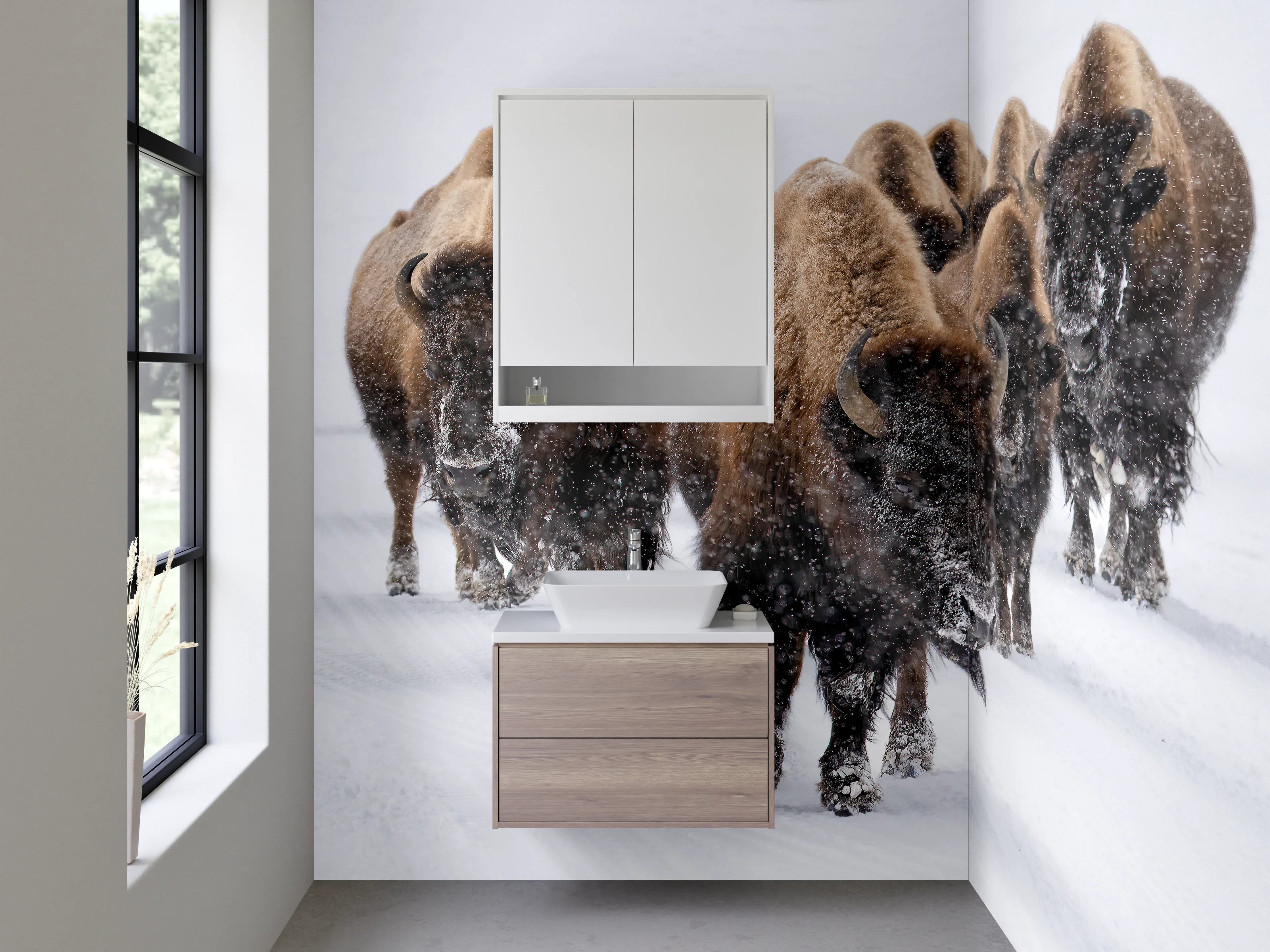 Waschbecken-Rückwand - Bisons im Winter auf weißem Schnee