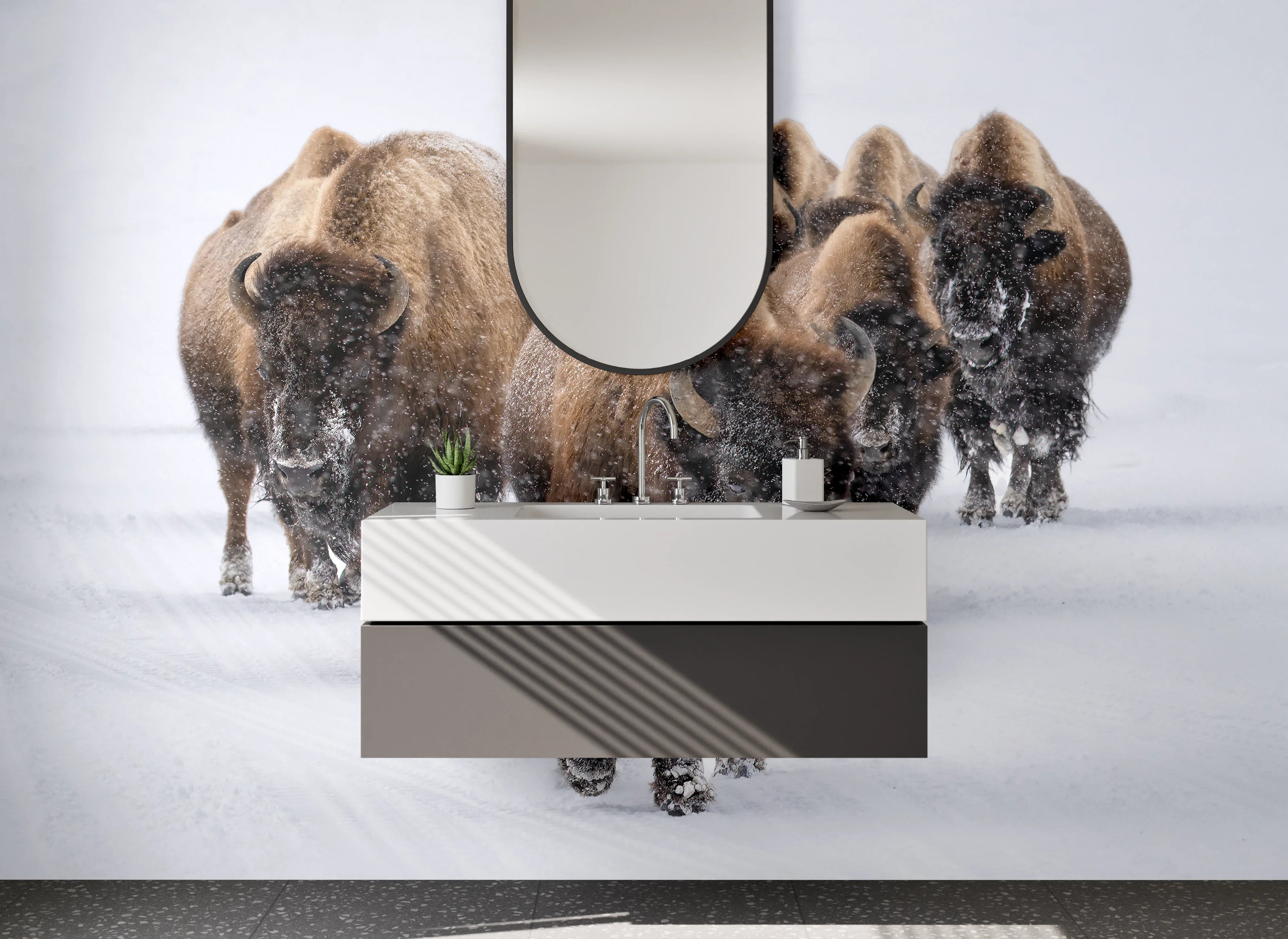 Waschbecken-Rückwand - Bisons im Winter auf weißem Schnee