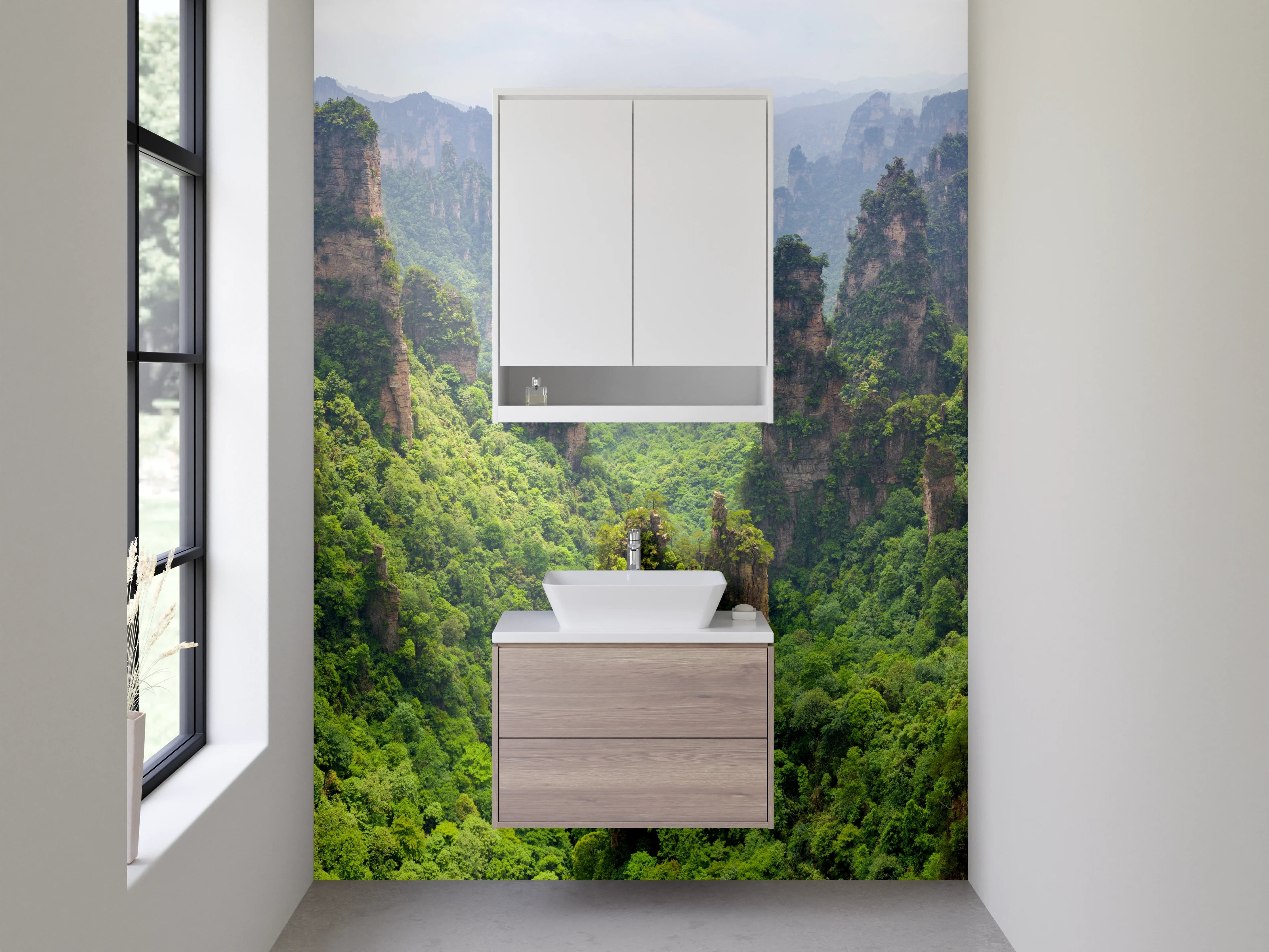 Waschbecken-Rückwand - Bizarre Felsen im grünen Tal