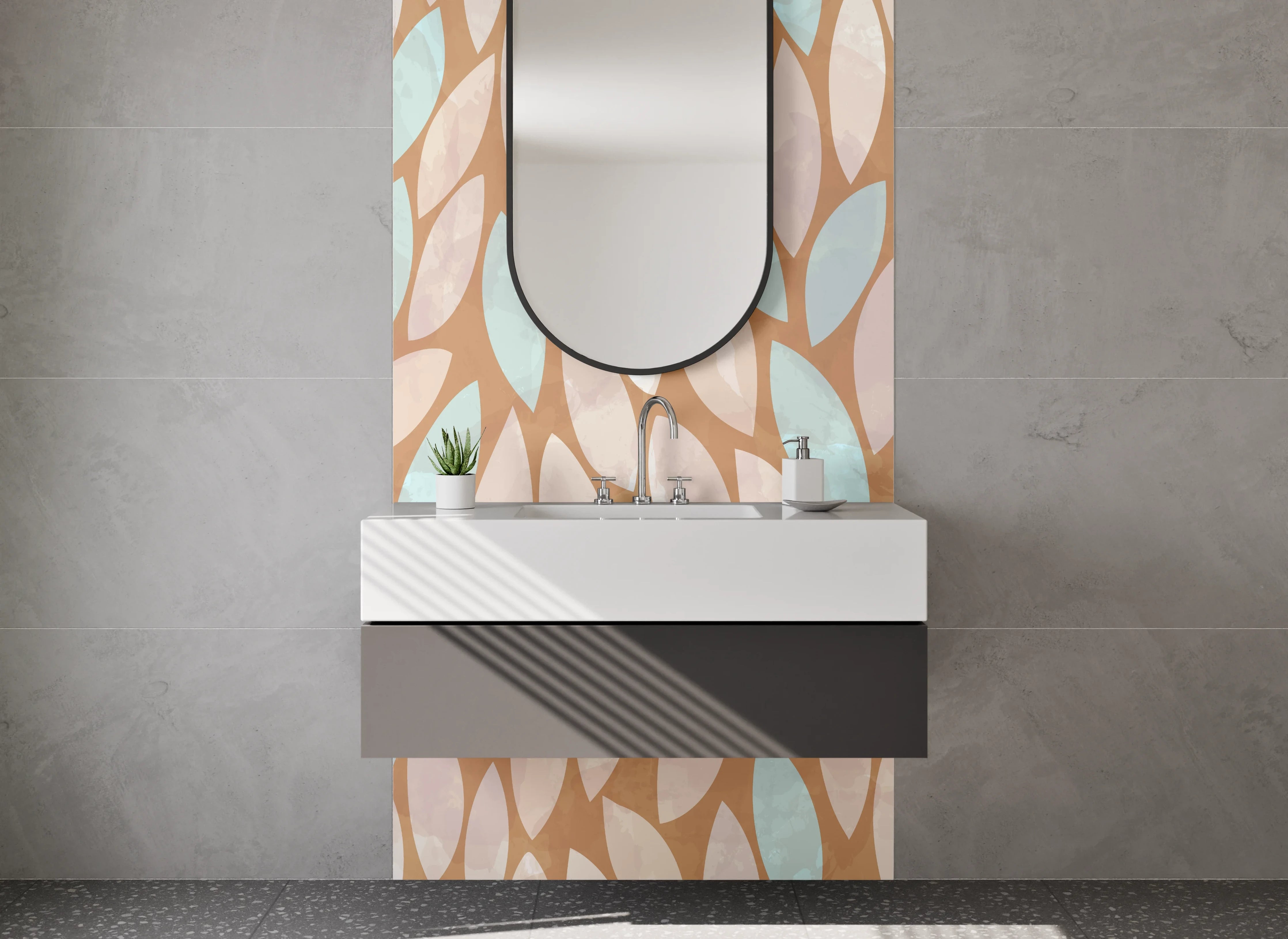 Waschbecken-Rückwand - Blätter-Design Braun Beige Türkis Muster
