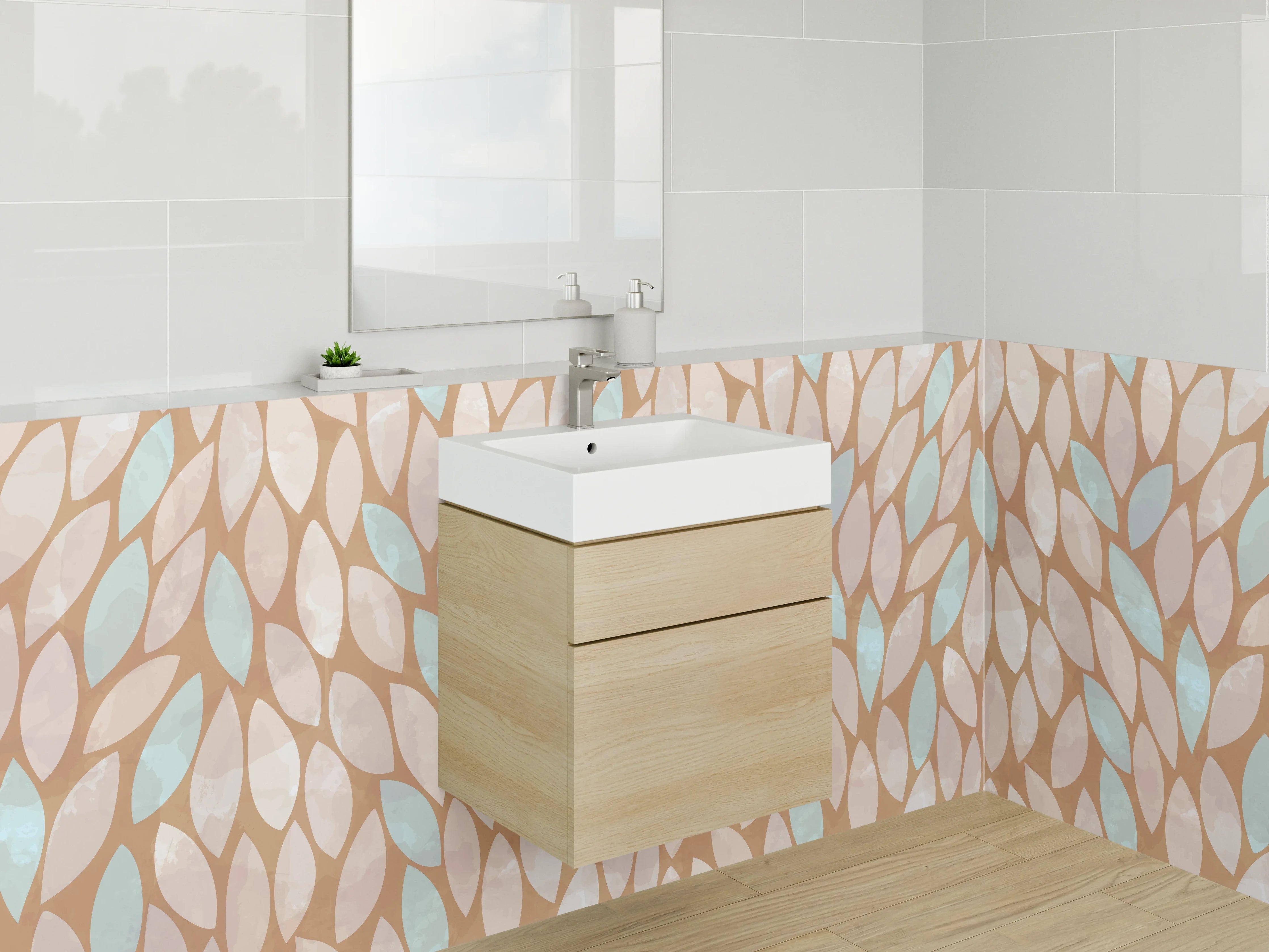 Waschbecken-Rückwand - Blätter-Design Braun Beige Türkis Muster