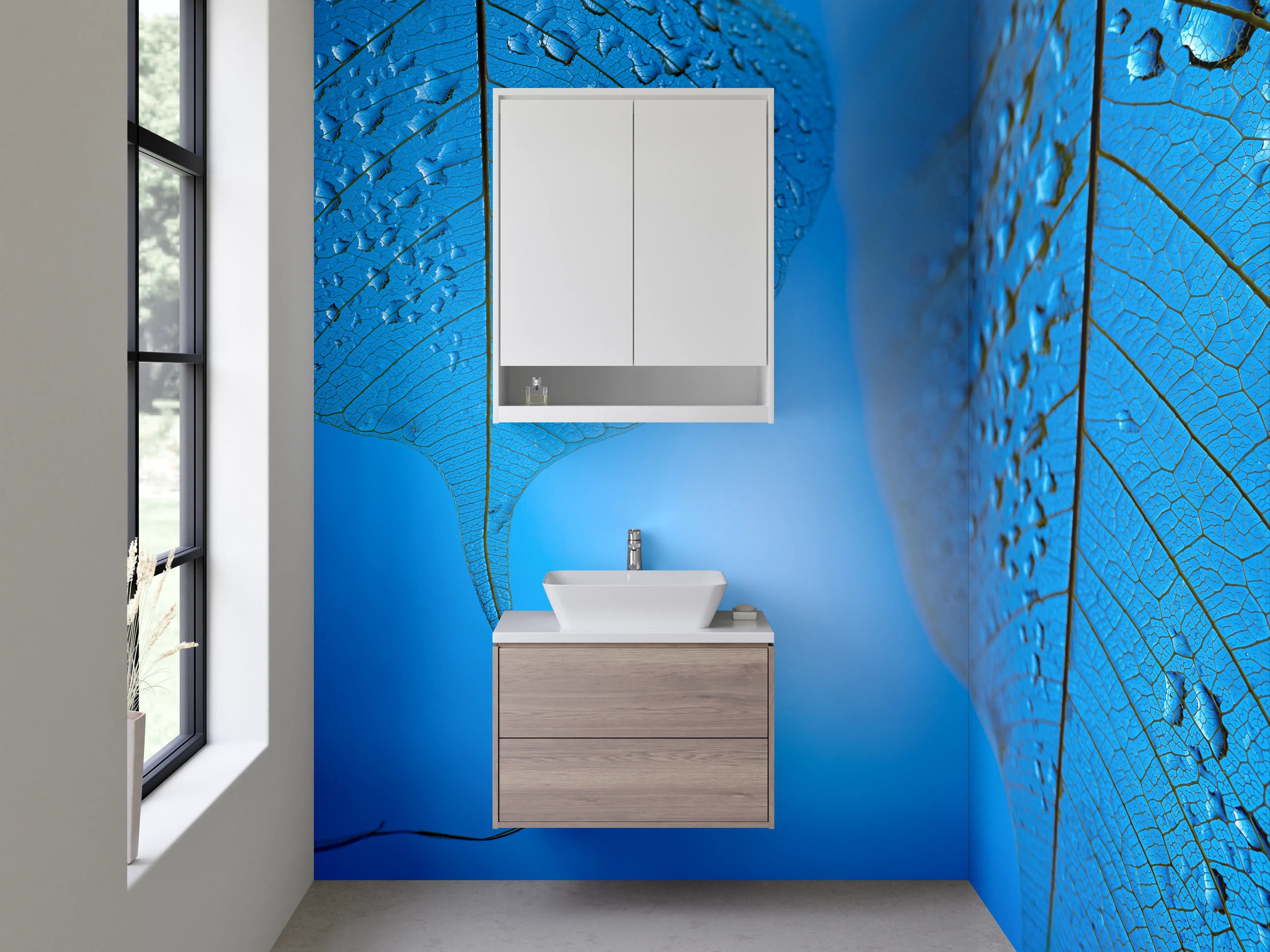 Waschbecken-Rückwand - Blatt im Tau auf Blau