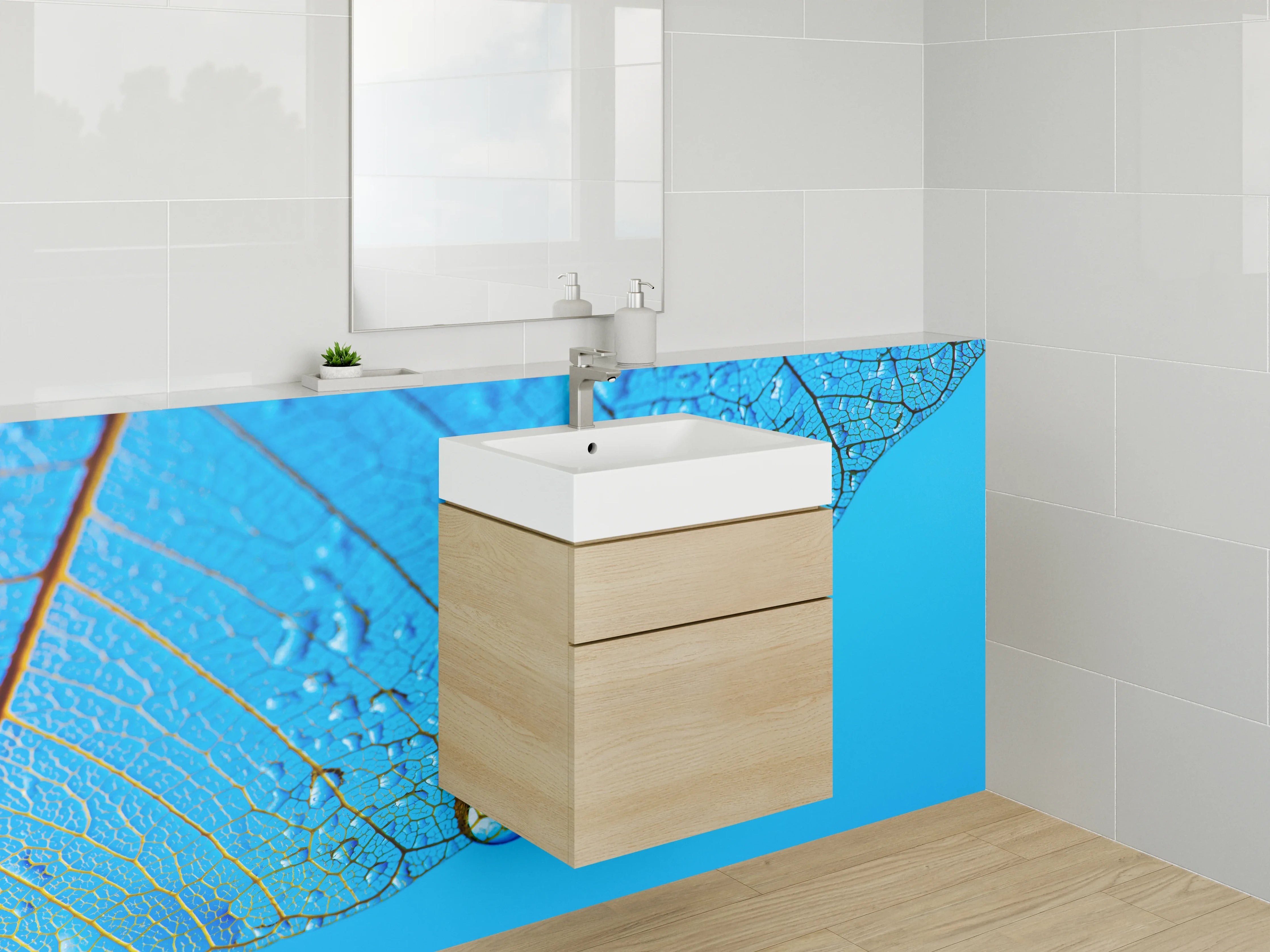 Waschbecken-Rückwand - Blatt mit Wassertropfen Makro Blau