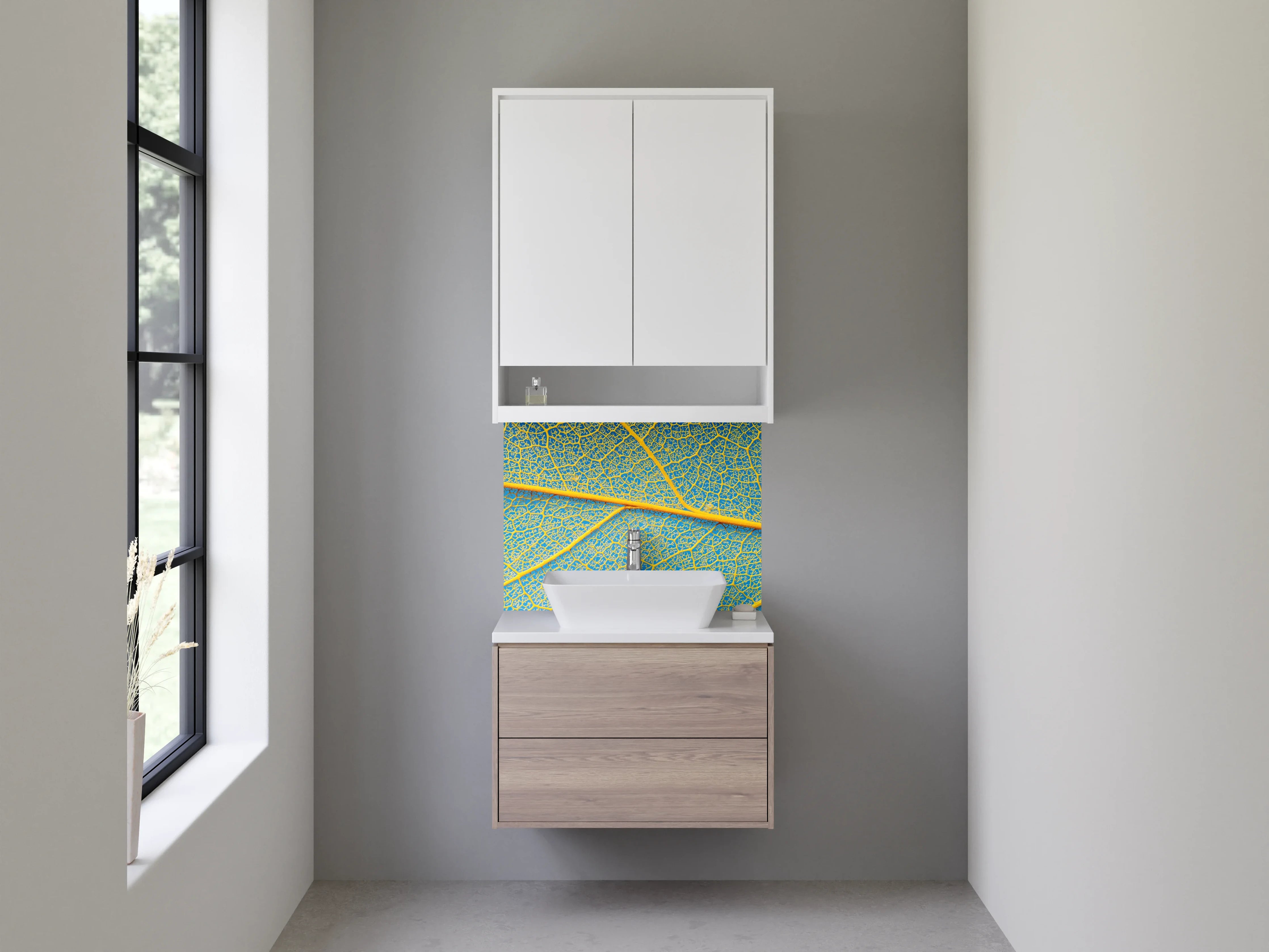 Waschbecken-Rückwand - Blattadern Makro Gelb-Blau Kunst