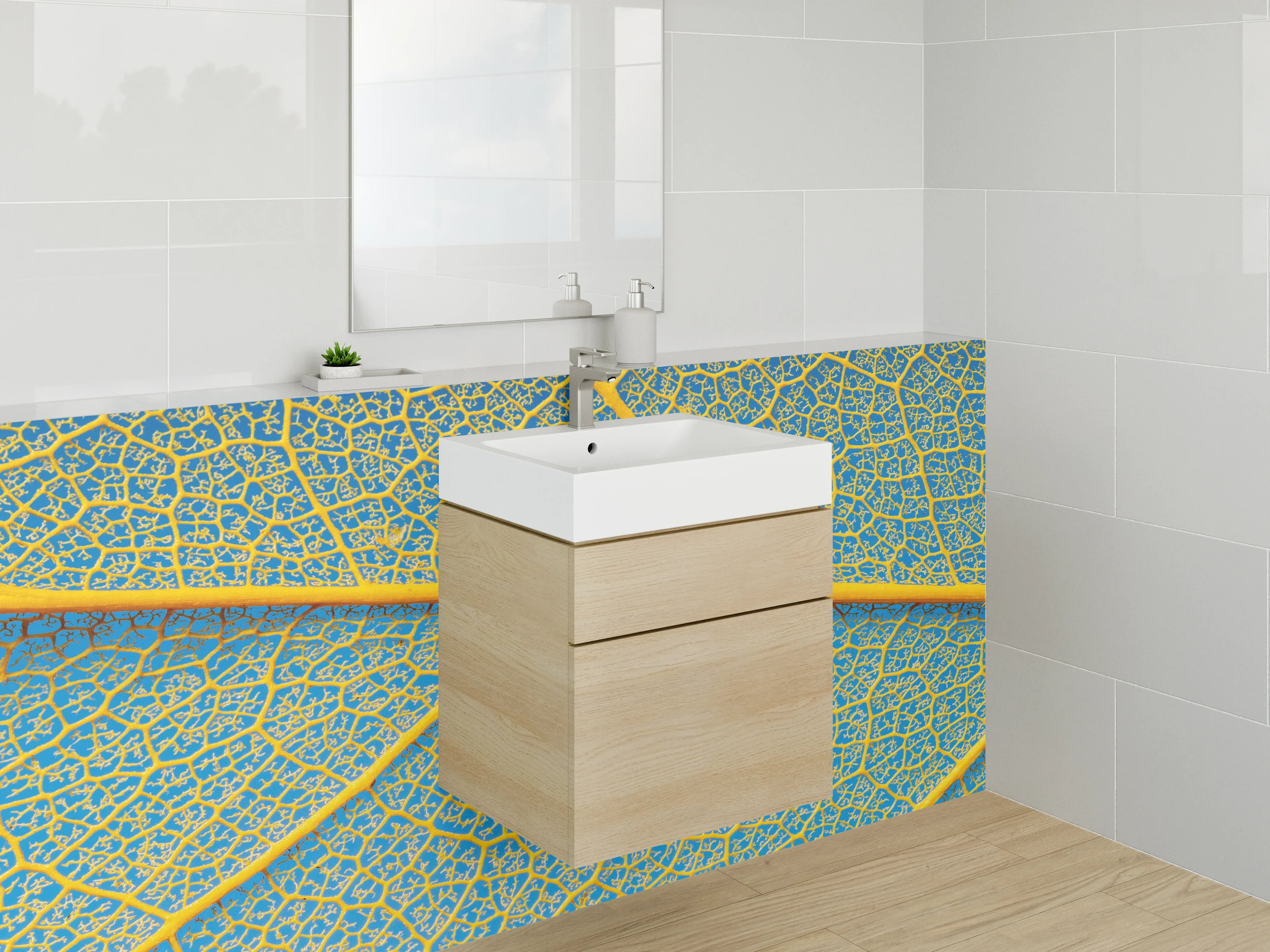 Waschbecken-Rückwand - Blattadern Makro Gelb-Blau Kunst
