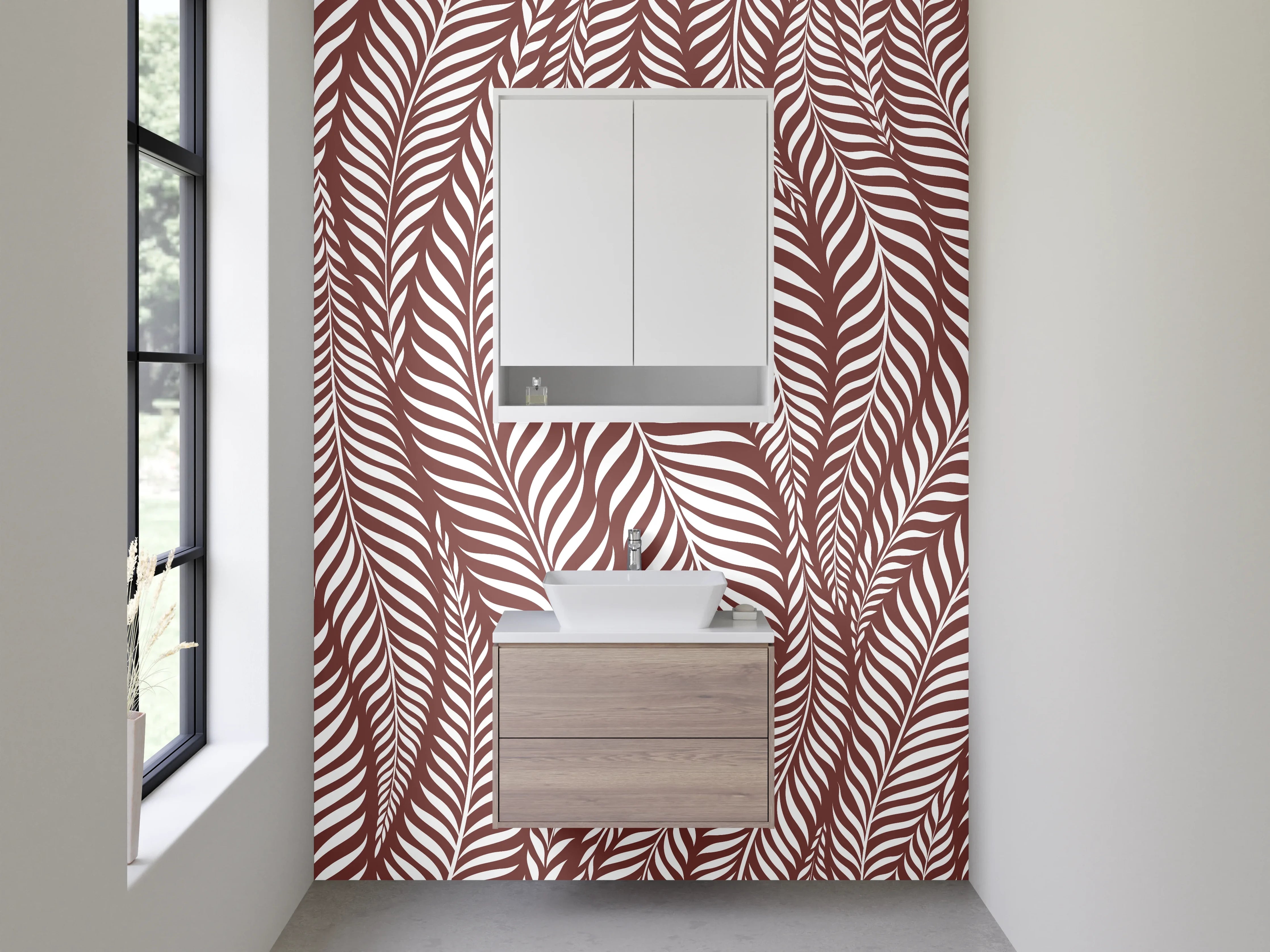 Waschbecken-Rückwand - Blattdesign Braun Grau-Weiß Eleganz