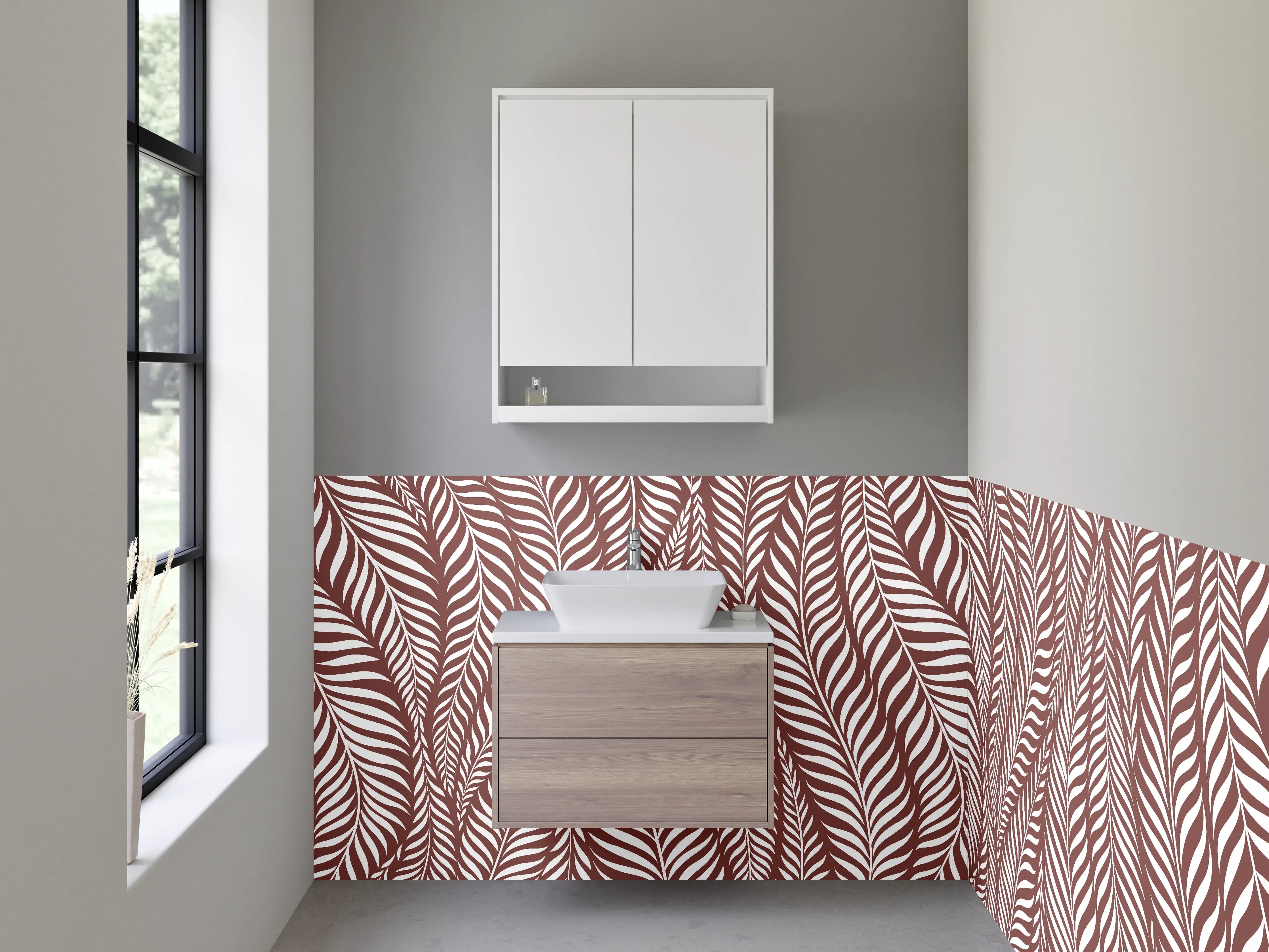 Waschbecken-Rückwand - Blattdesign Braun Grau-Weiß Eleganz