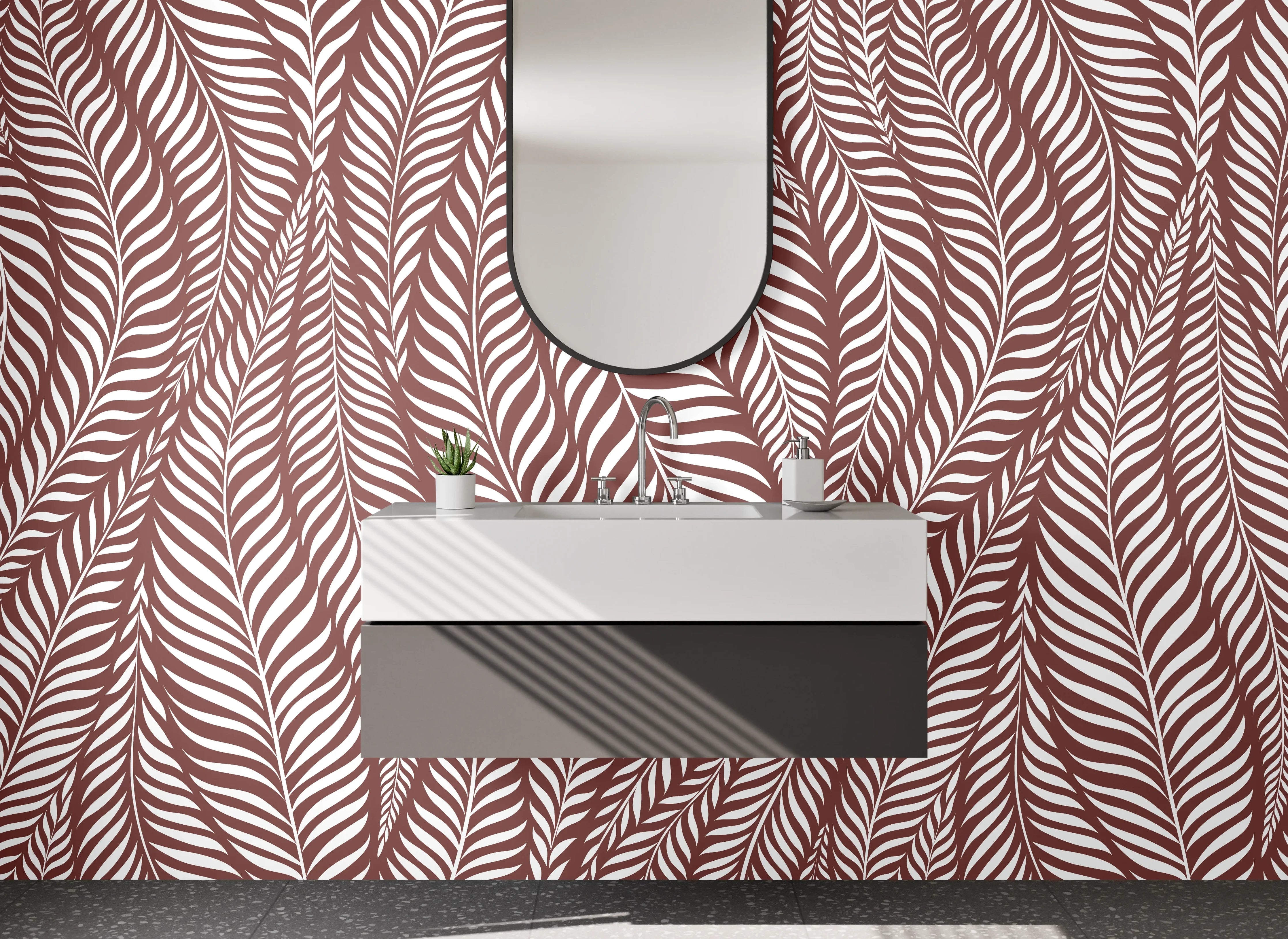 Waschbecken-Rückwand - Blattdesign Braun Grau-Weiß Eleganz