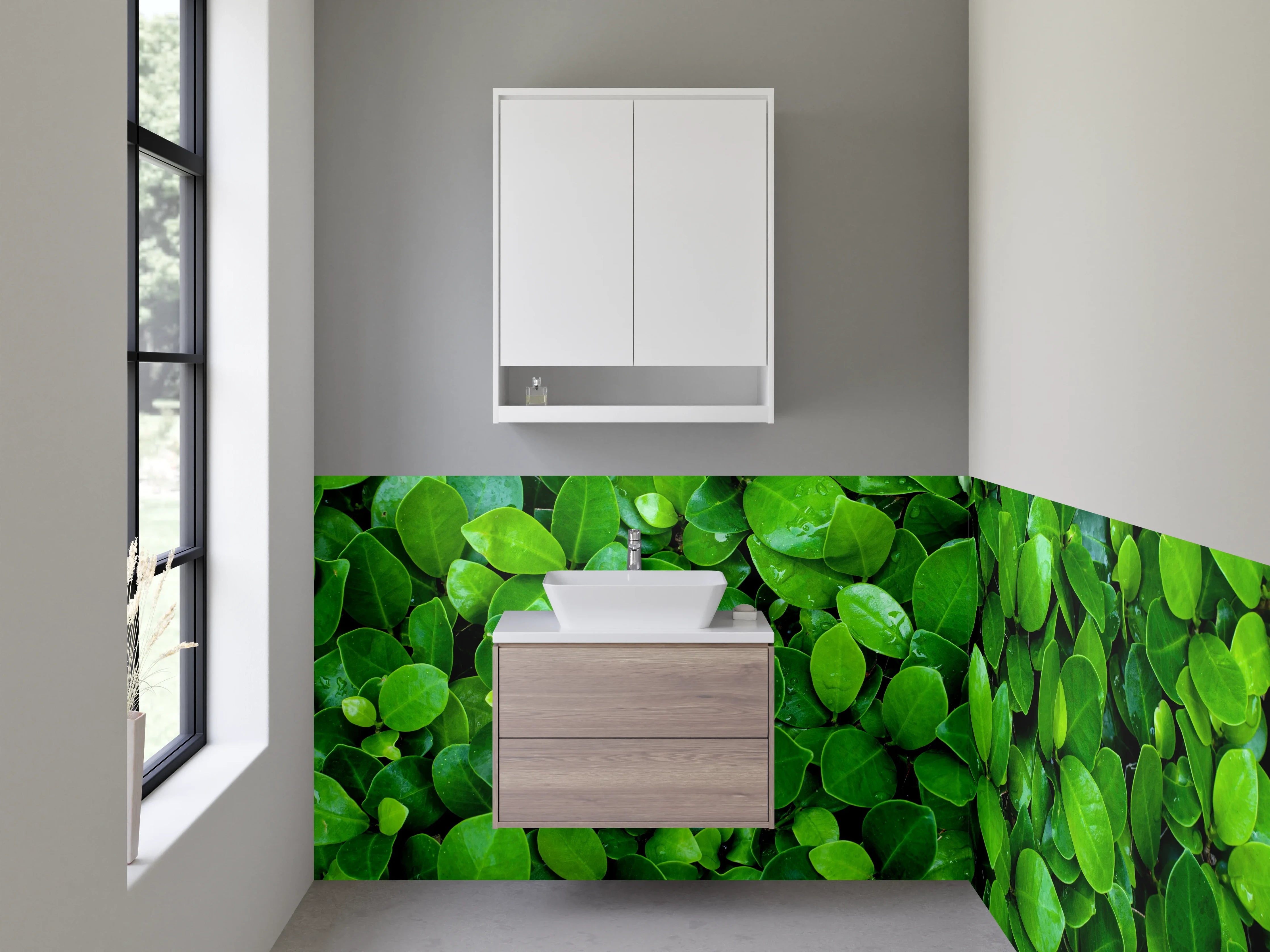 Waschbecken-Rückwand - Blattgrüne Pflanzen auf Wand – Naturmotiv