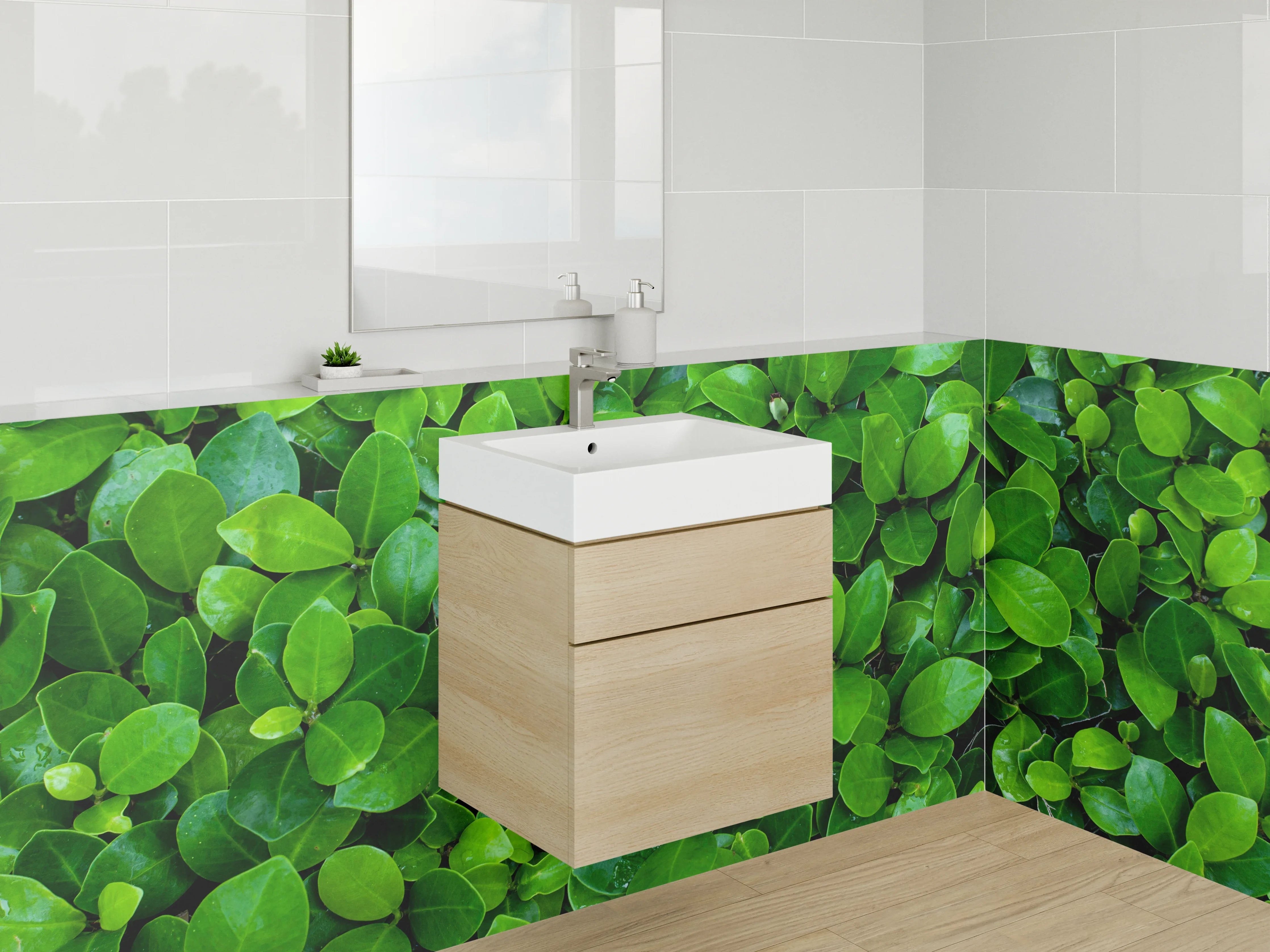 Waschbecken-Rückwand - Blattgrüne Pflanzen auf Wand – Naturmotiv