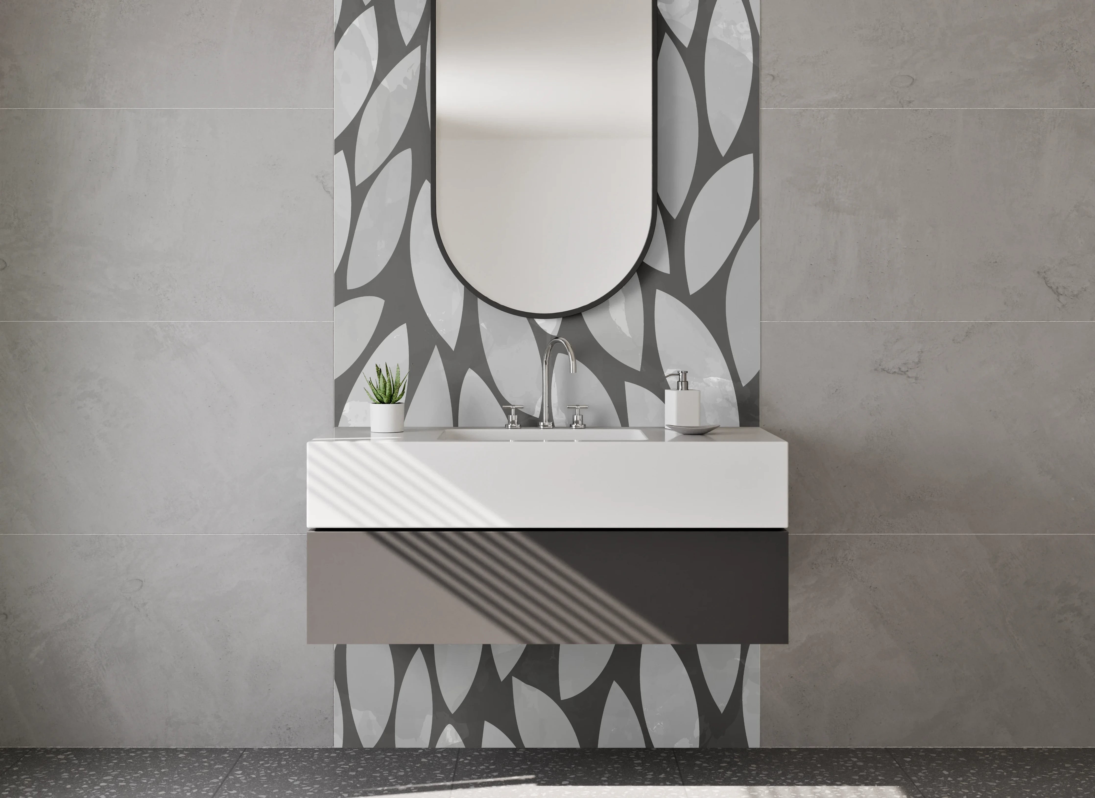 Waschbecken-Rückwand - Blattmuster Grau Weiß Elegant