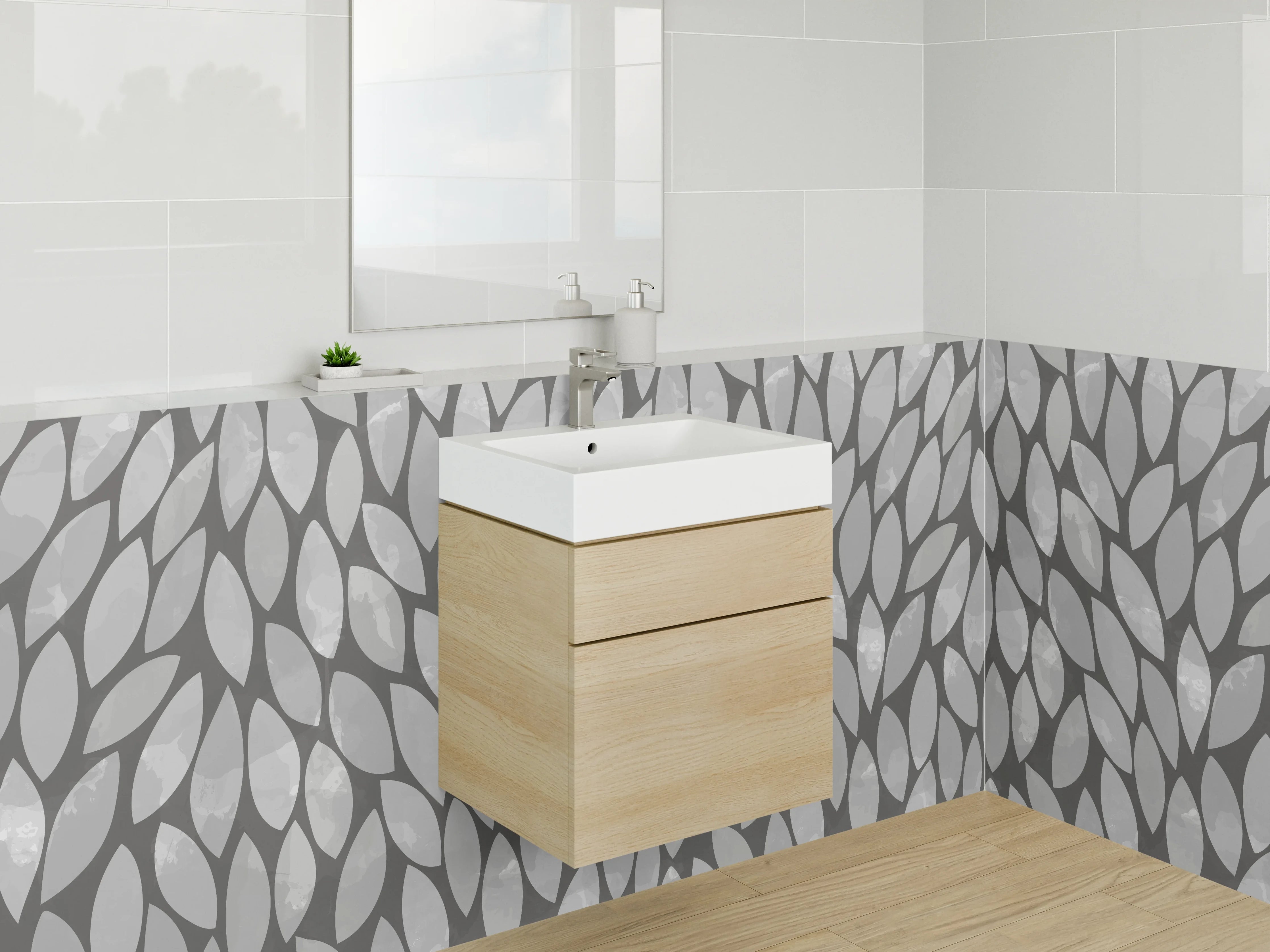 Waschbecken-Rückwand - Blattmuster Grau Weiß Elegant