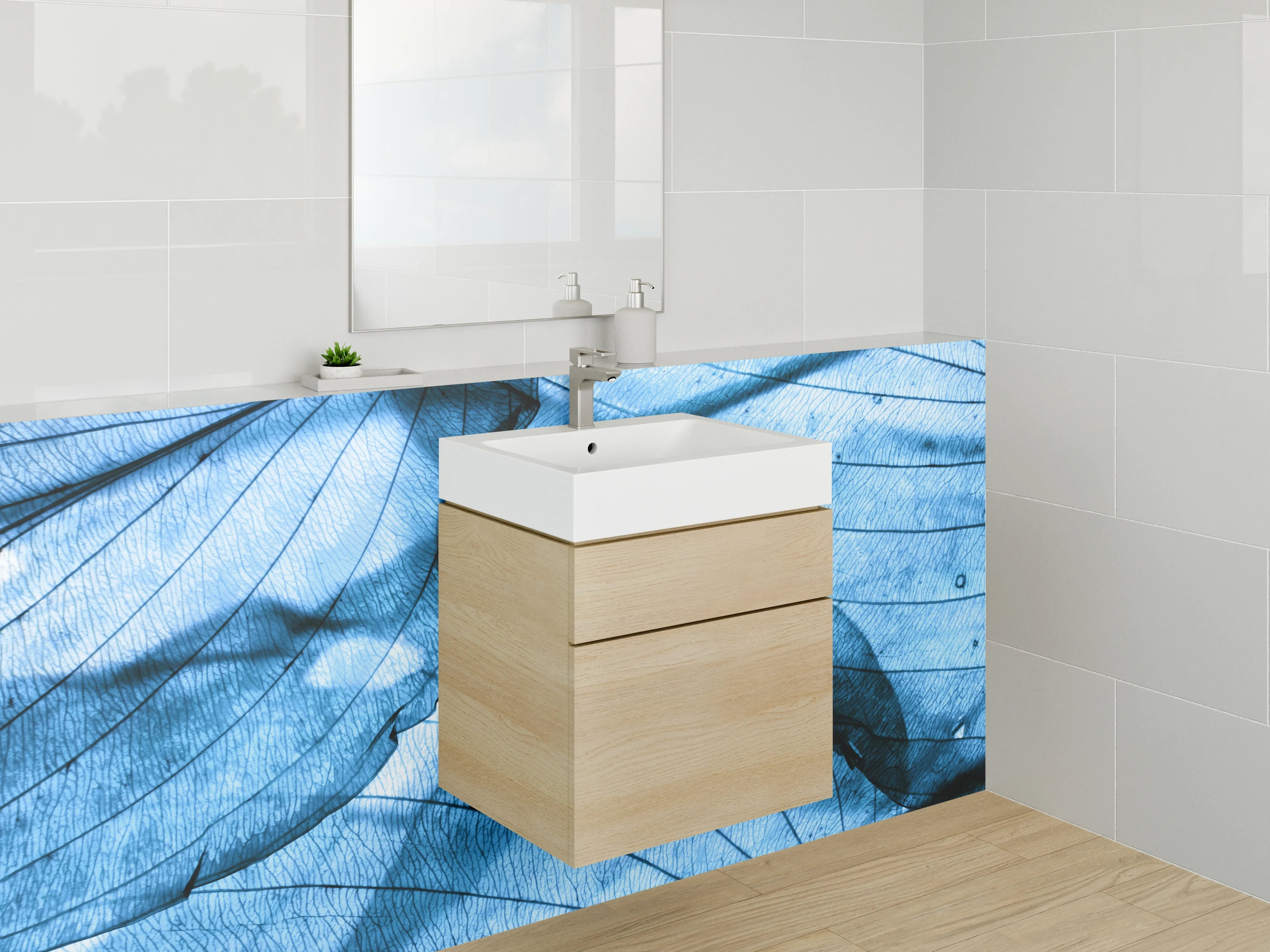 Waschbecken-Rückwand - Blattstrukturen in Blau – Abstraktes Naturdesign
