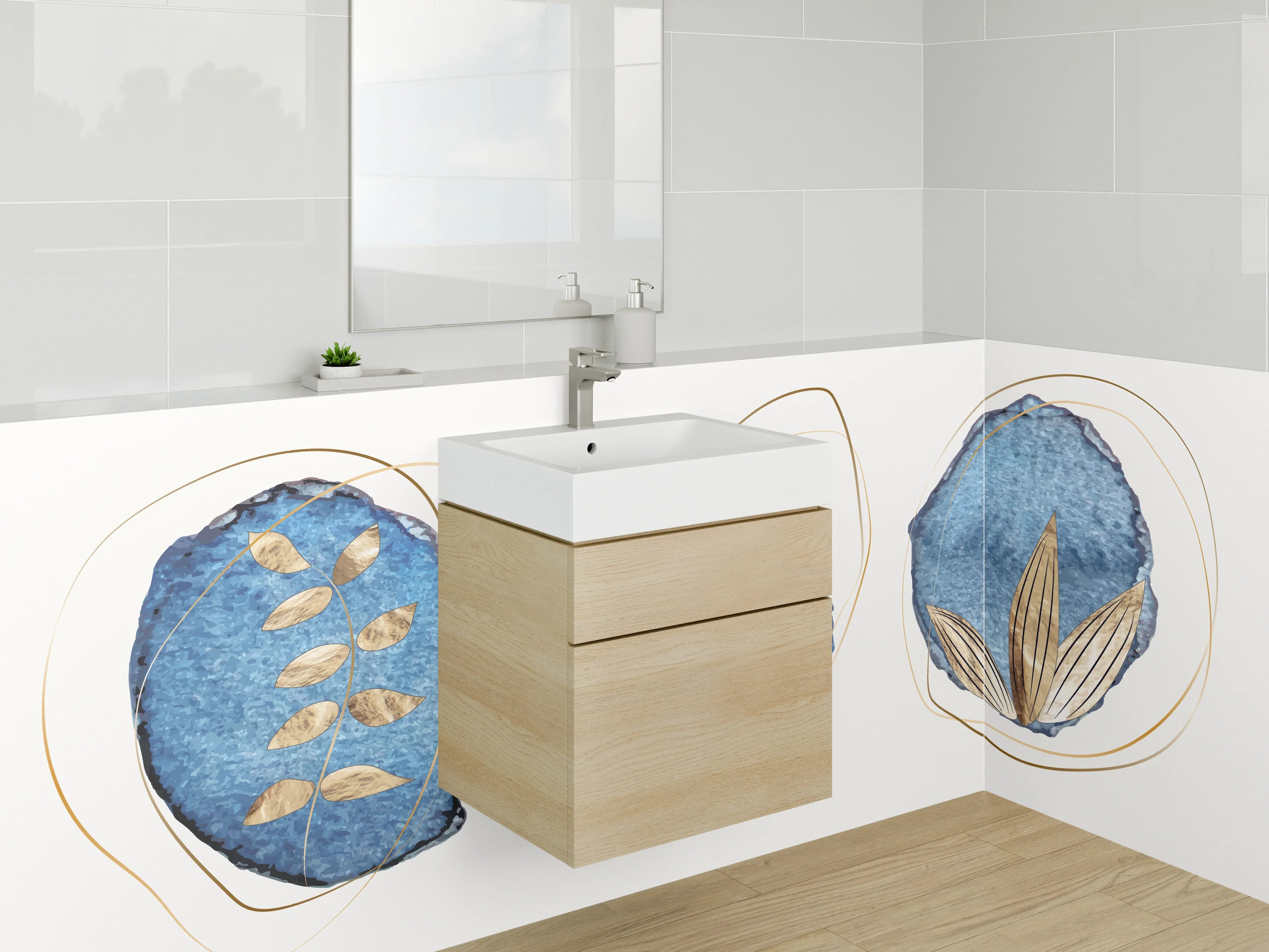 Waschbecken-Rückwand - Blau Gold Abstrakte Aquarell-Kunst