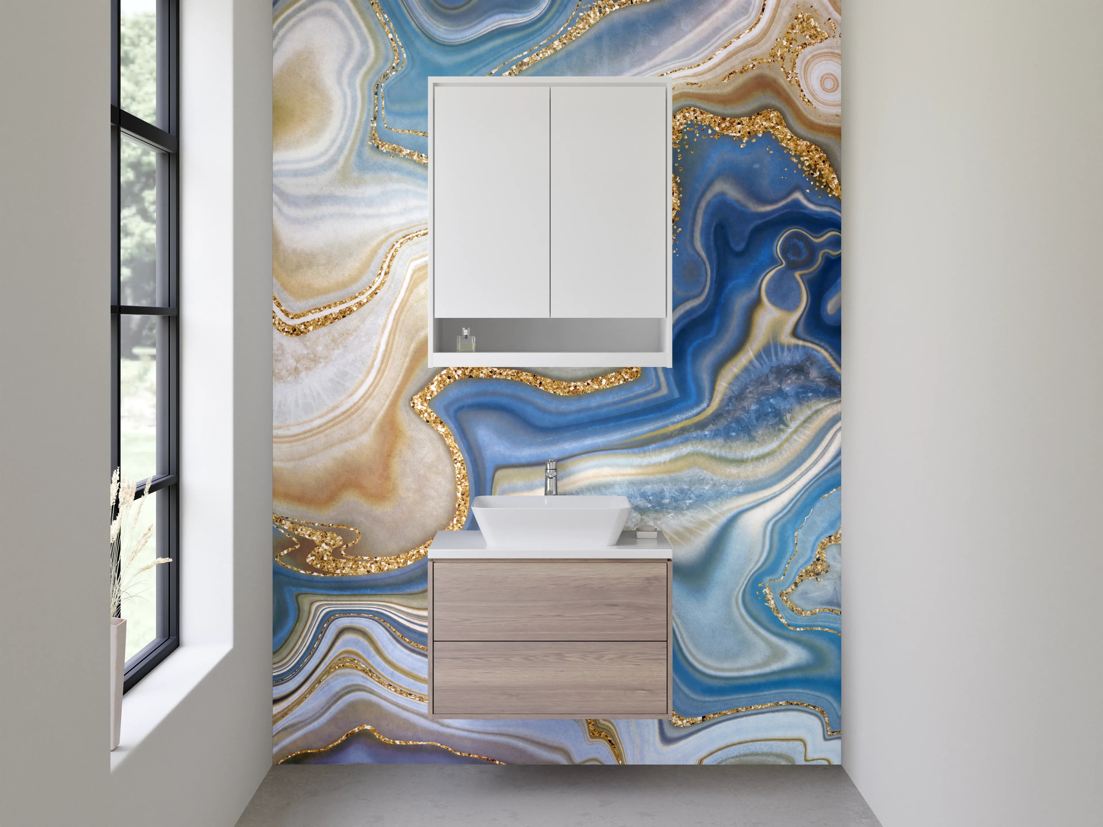 Waschbecken-Rückwand - Blau-Goldene Marmor-Optik abstrakt