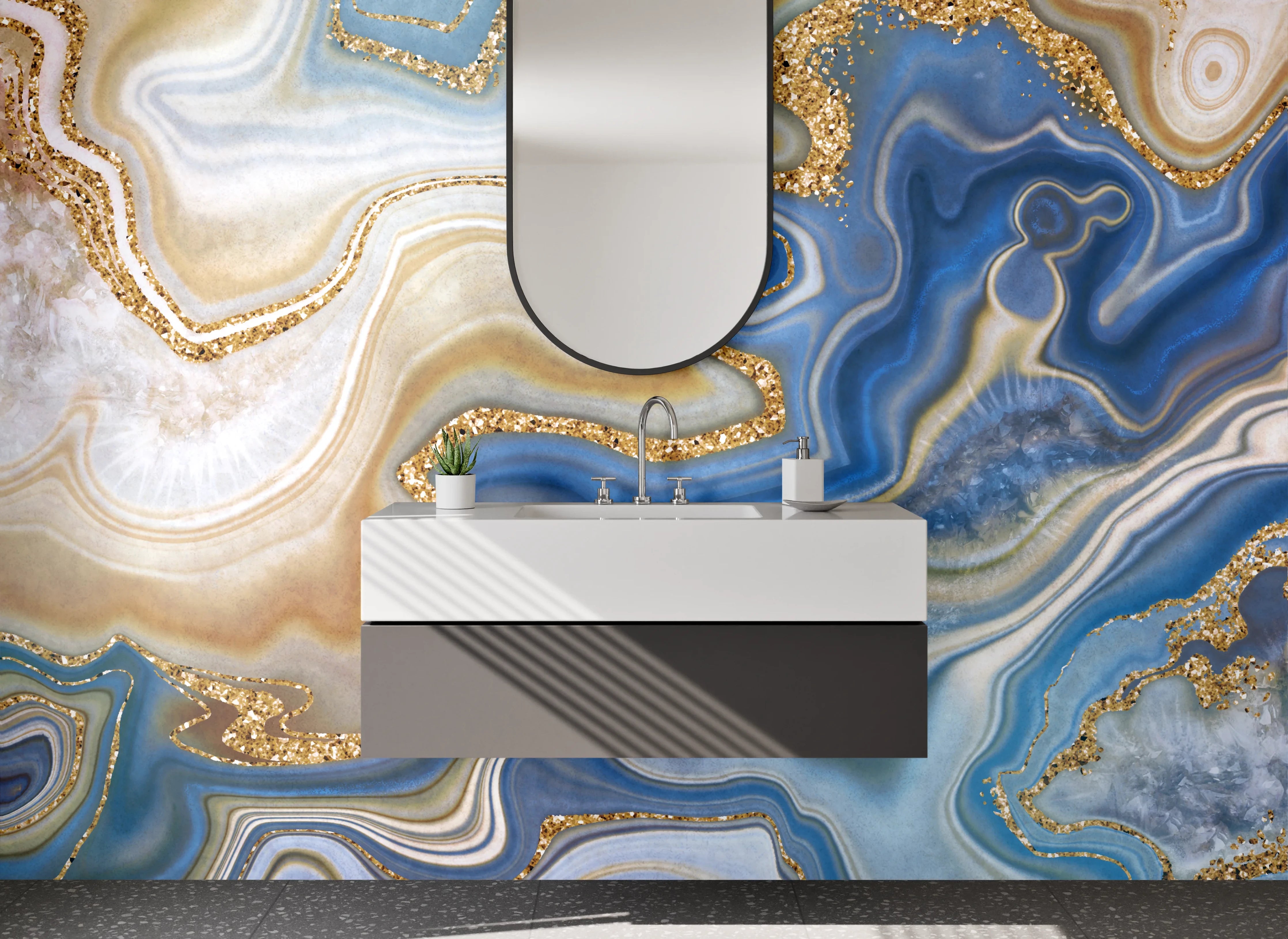 Waschbecken-Rückwand - Blau-Goldene Marmor-Optik abstrakt